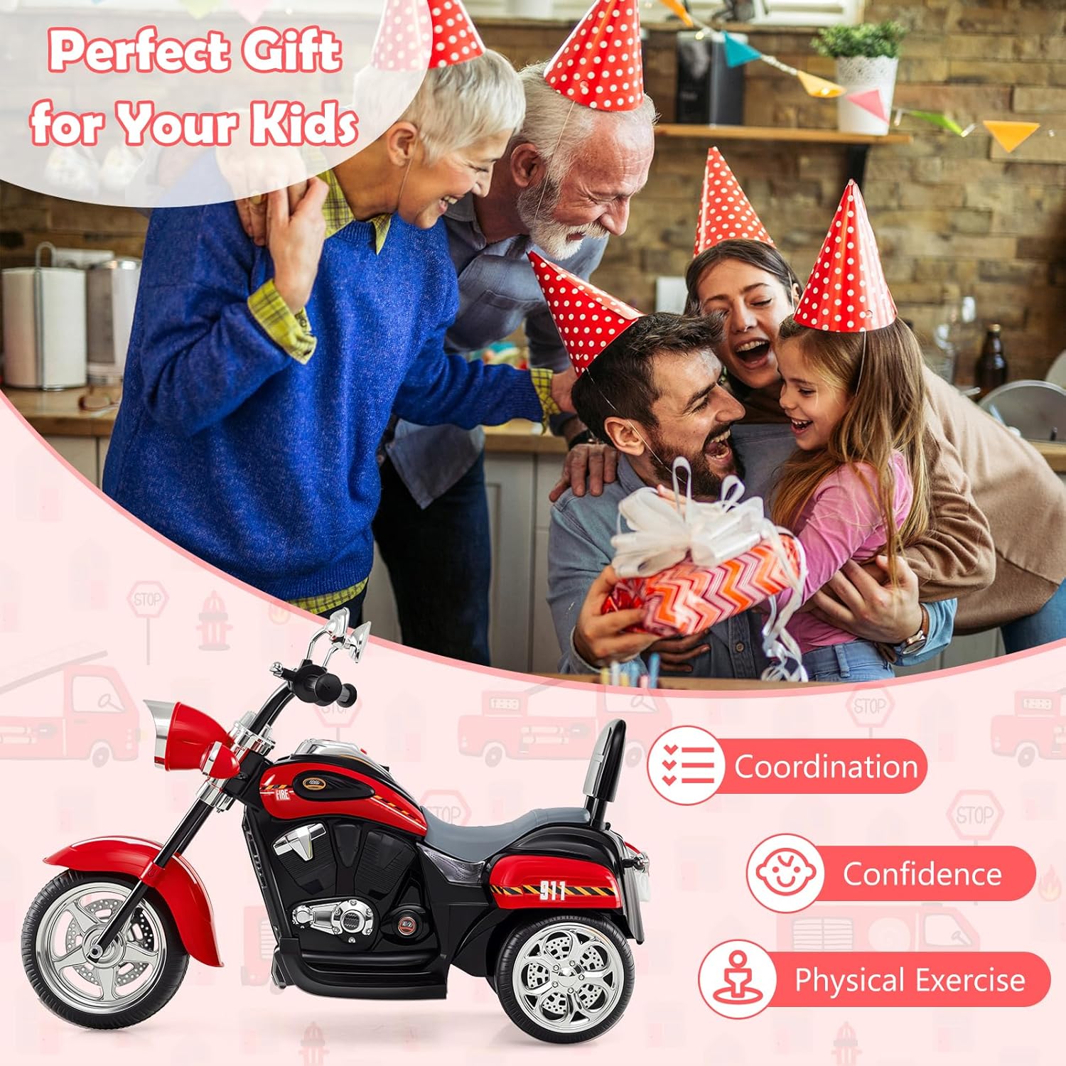 Costzon 6V Ride on Chopper Kids Motorcycle with Horn, Headlight (Red)