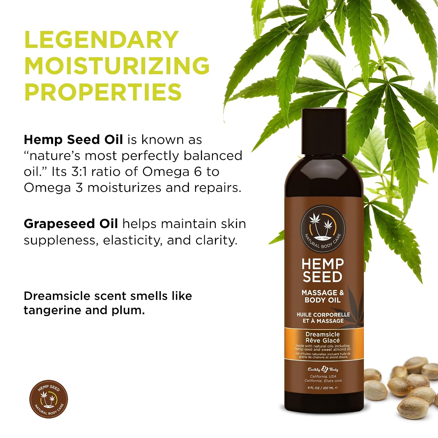 Hemp Seed Massage & Body Oil - 8 fl. oz. - Nourishing, Moisturizing Massage Oil - Hemp Seed, Apricot, Grapeseed & Sweet Almond Oil - Vegan & Cruelty Free