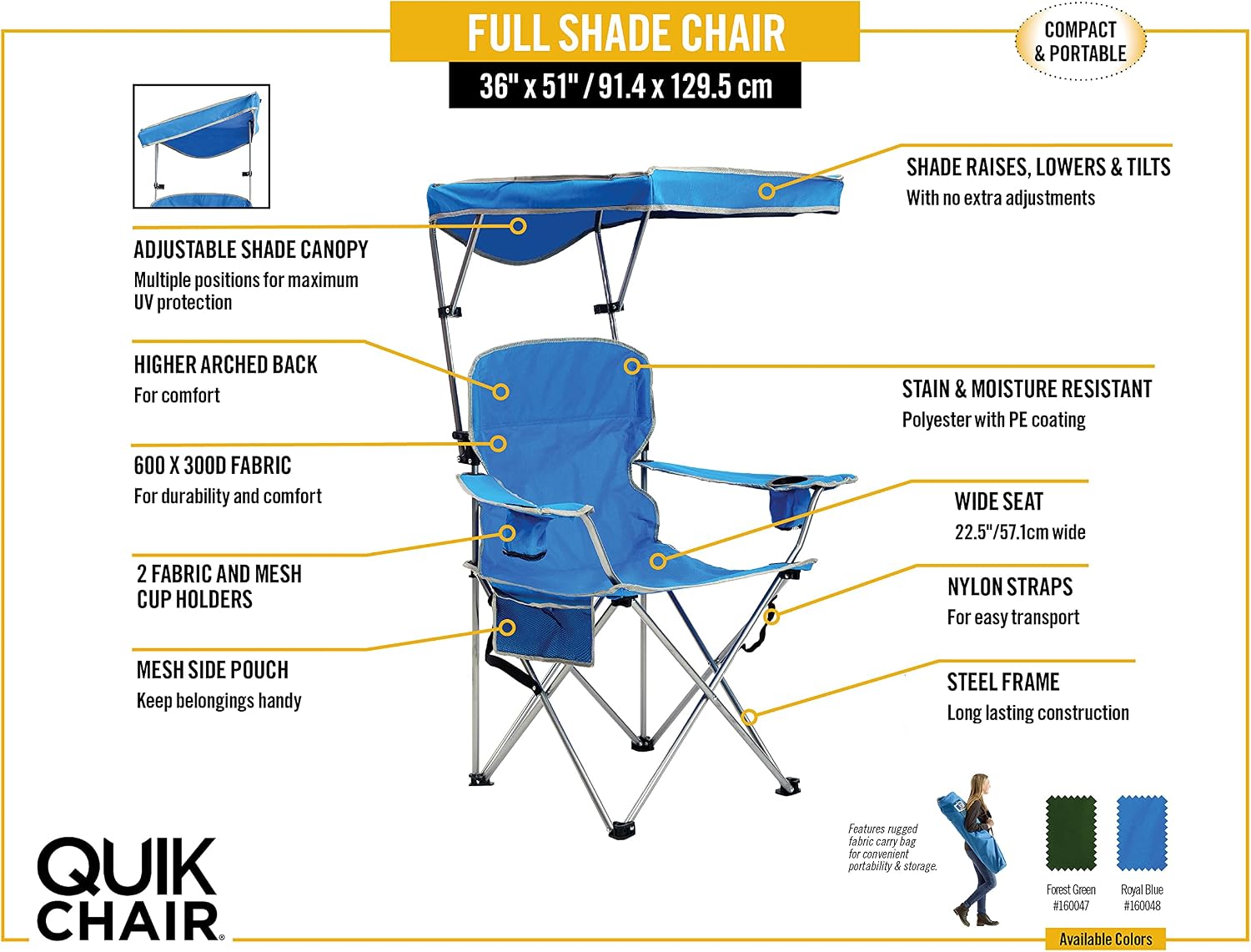 Quik Shade Full Size Shade Folding Chair for Camping, Polyester, Arm Rest|Foldable, Royal Blue, 2'L x 3'W x 4.3'H (160048DS)