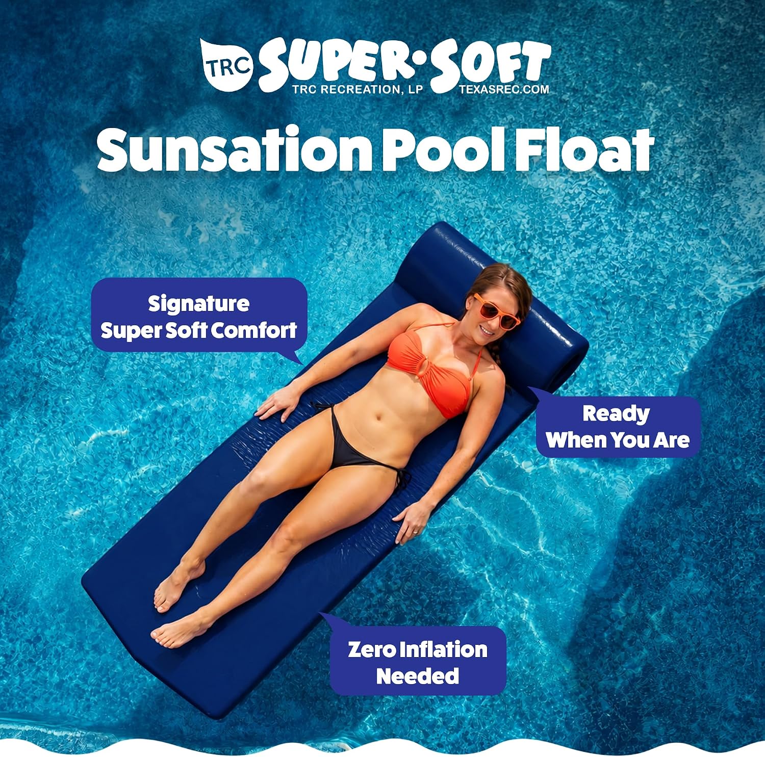 TRC Recreation Sunsation 1.75" Thick Foam Pool Float Lounger w/ Headrest for Lounging & Sunbathing in Swimming Pools, Beaches & Lakes, 70" x 26