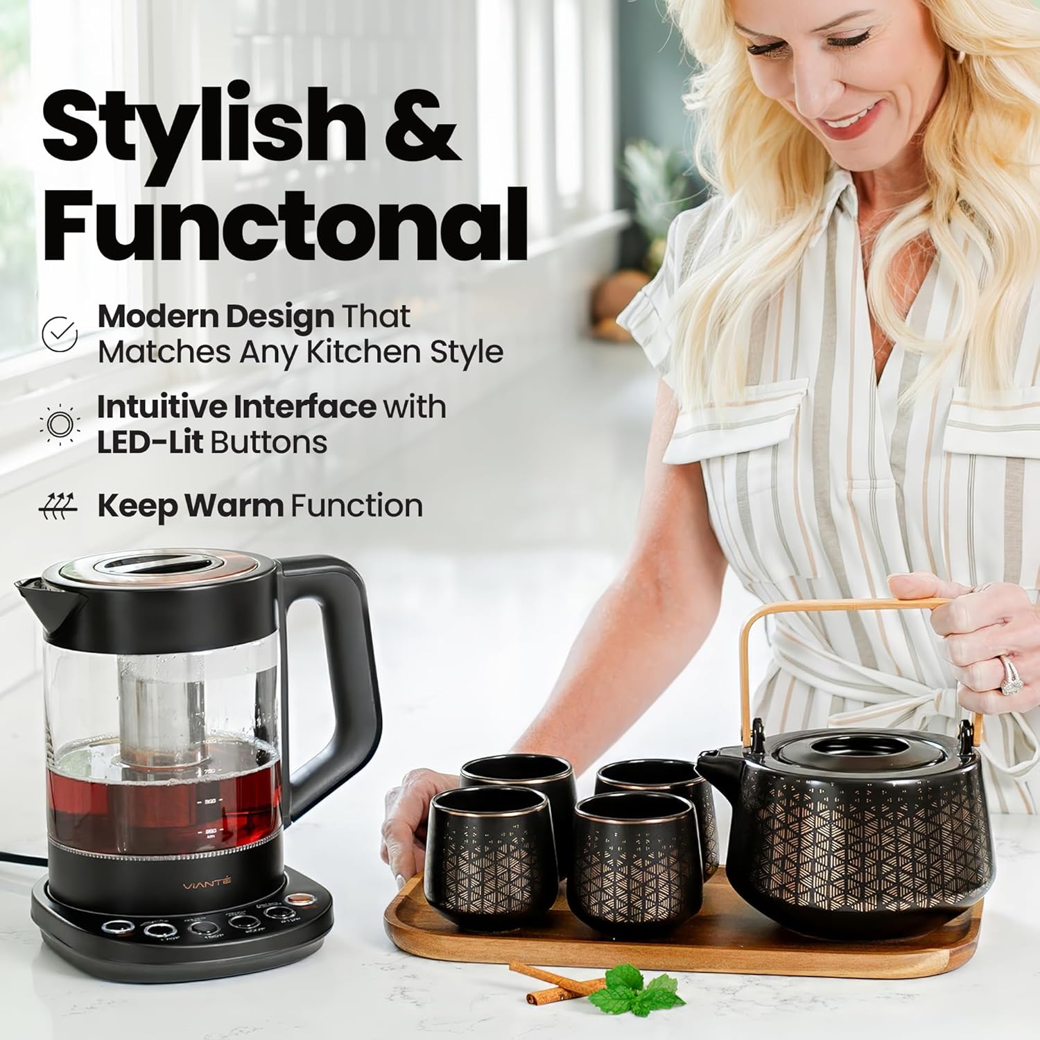 Viante Alba Electric Tea Kettle With Infuser, No Plastic, 1.5L