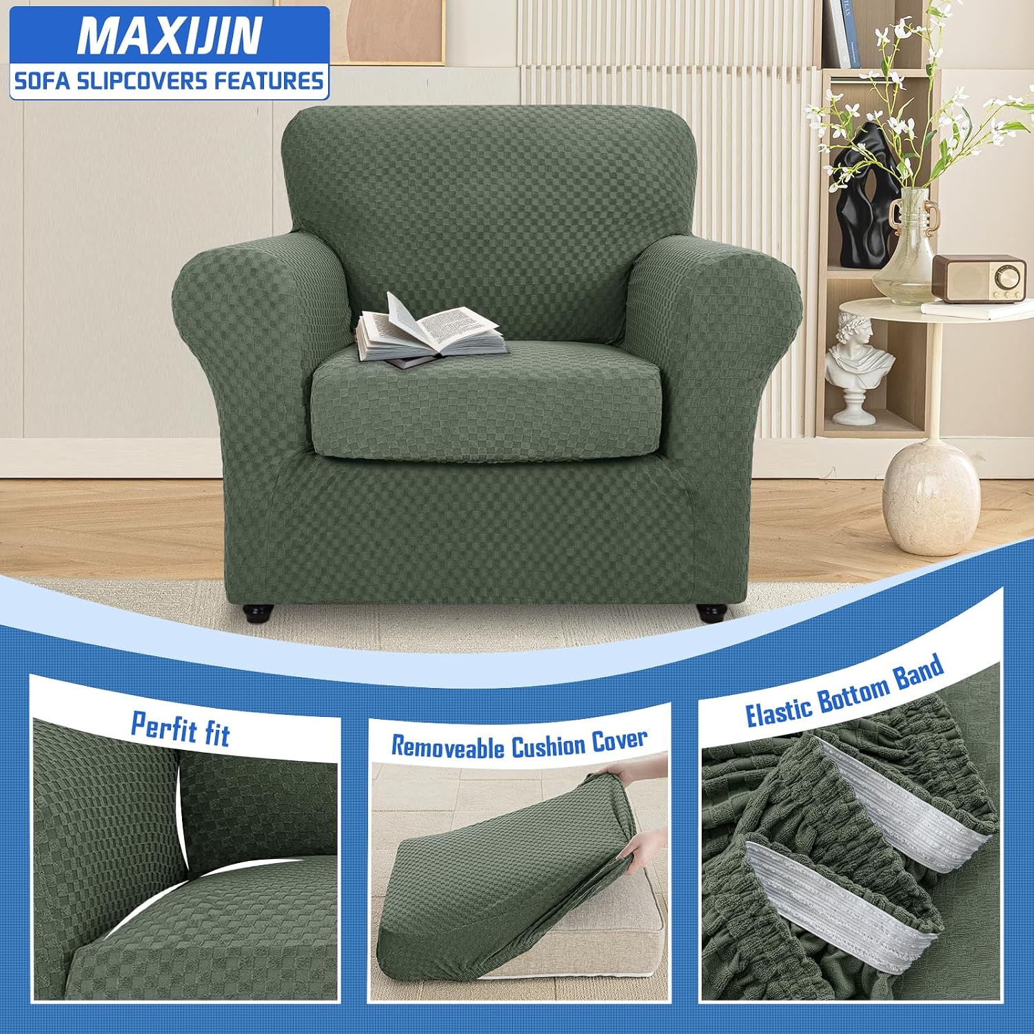 MAXIJIN Latest Recliner Slipcovers for Living Room 4 Pieces Stretch Jacquard Recliner Chair Cover Soft Fitted Recliner Protector with Elastic Bottom