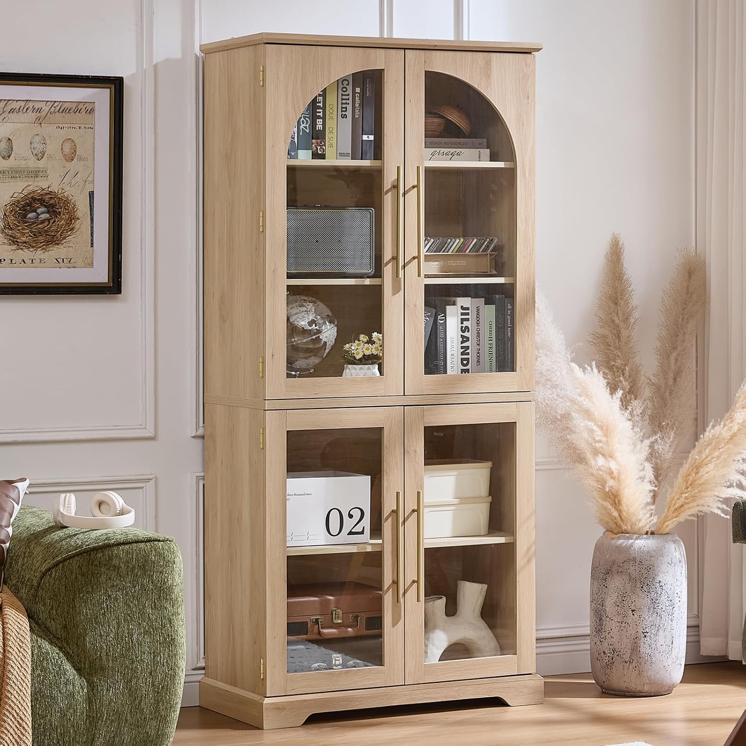 Joaxswe 72" Tall Bookshelf with 4 Curved Glass Doors, Farmhouse Bookcase with 3-Tier Adjustable Shelves, Modern Living Room Display Cabinet, Large Storage Cabinet for Home Office,Dining Room, Natural
