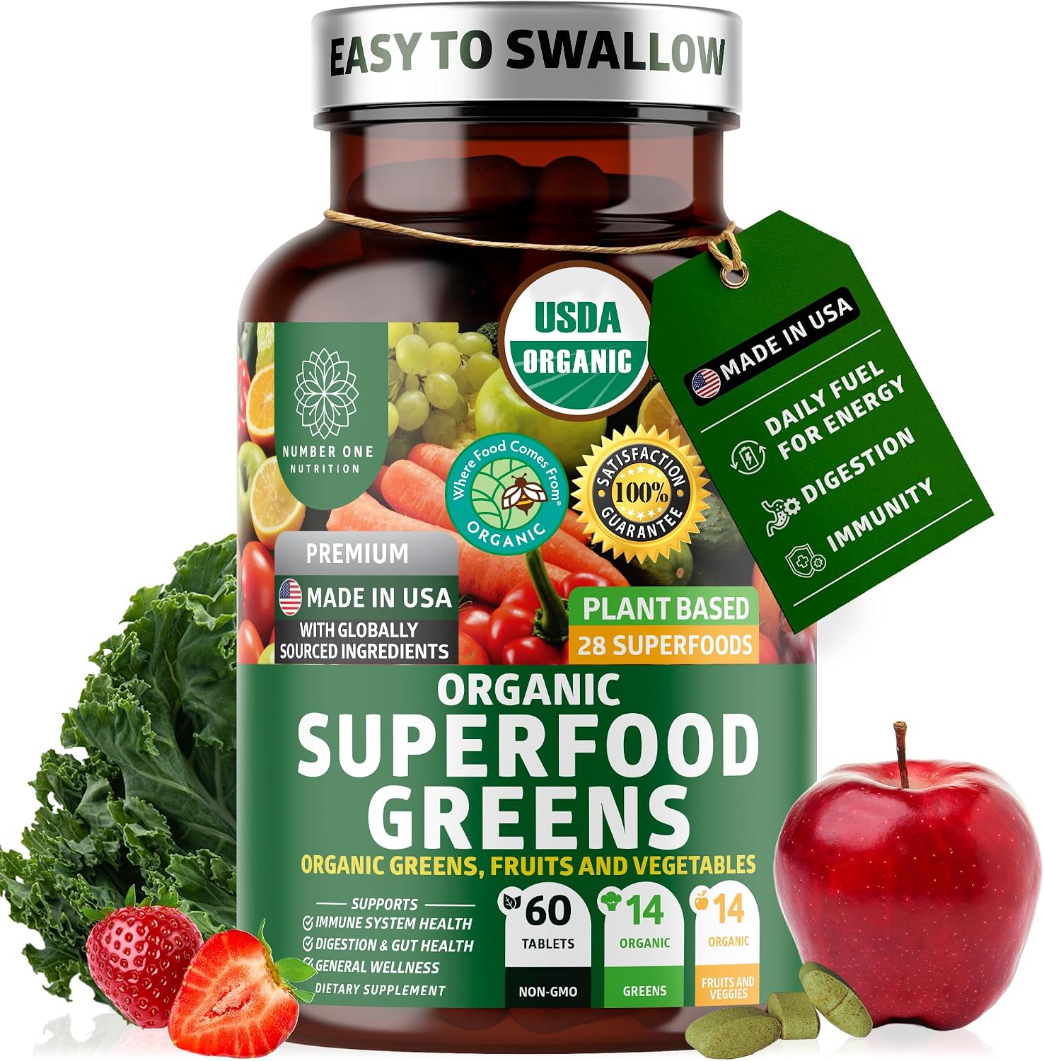 USDA Organic Superfood Greens, 28 Ingredients, Vegan, Non-GMO, 60 Tablets