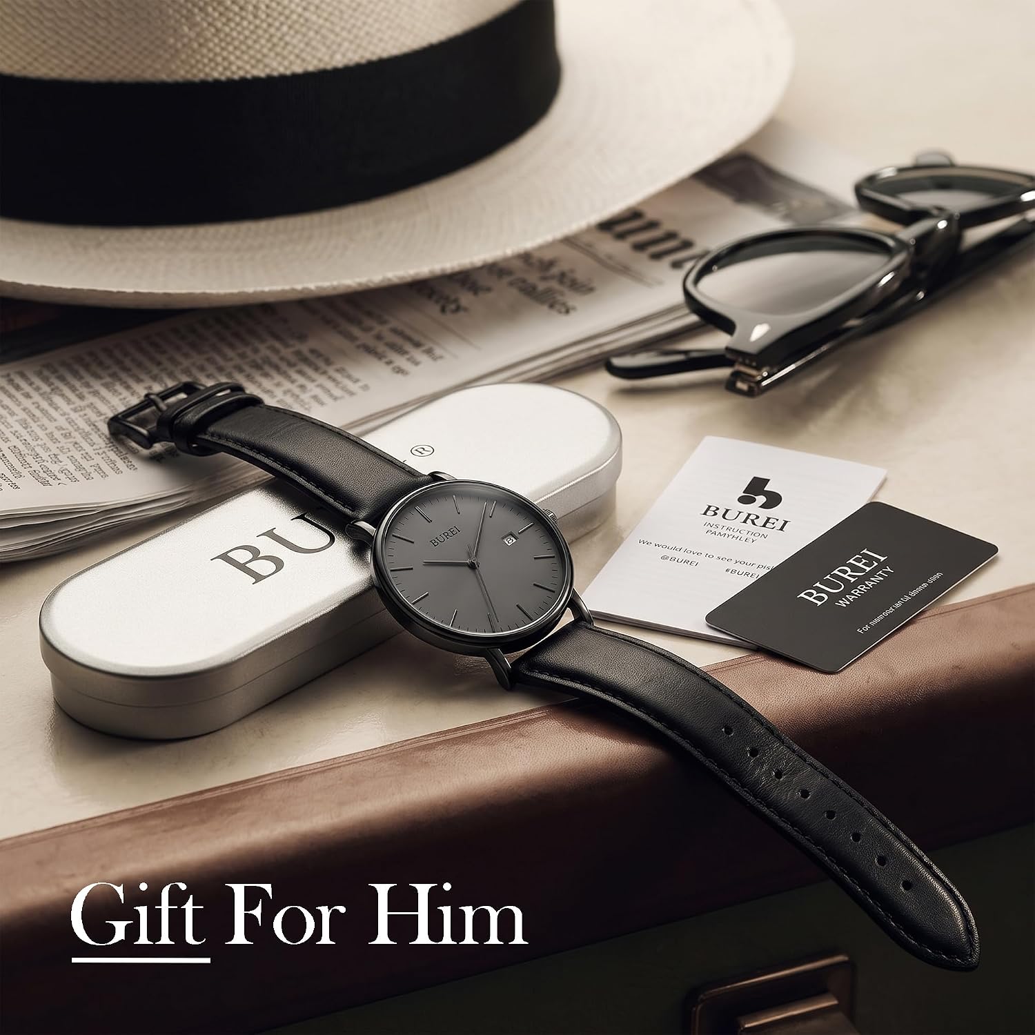 BUREI Men Wrist Watches Fashion Minimalist Thin Analog Quartz Waterproof Watches for Men, Refined Gifts for Men, Boyfriend, Husband, Dad