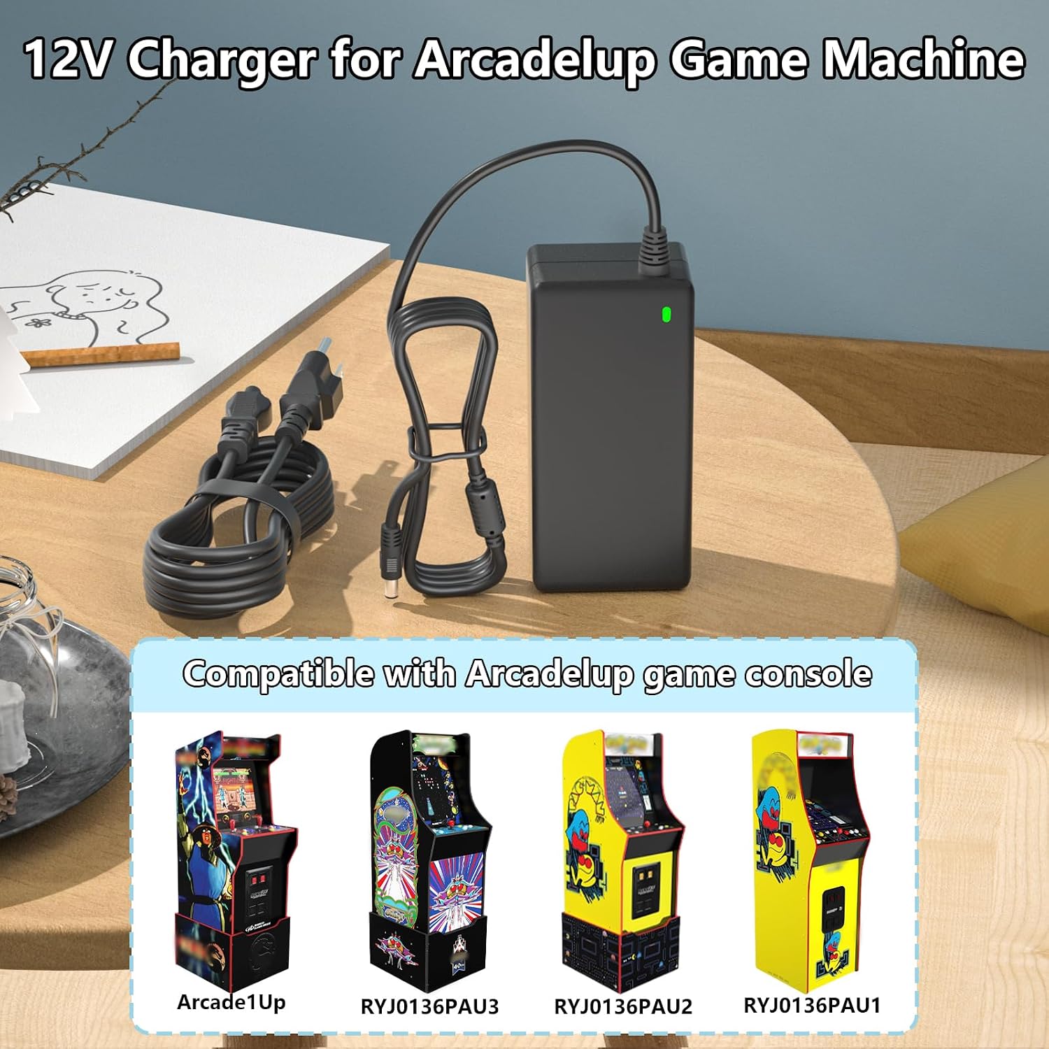 12V Power Cord Compatible with Arcade1up Game Machine - for All Riser Cocktail Tables (RYJ0136PAU0-1-2-3-4- RYJ0136PAU5), BIton BI36-120300-U2
