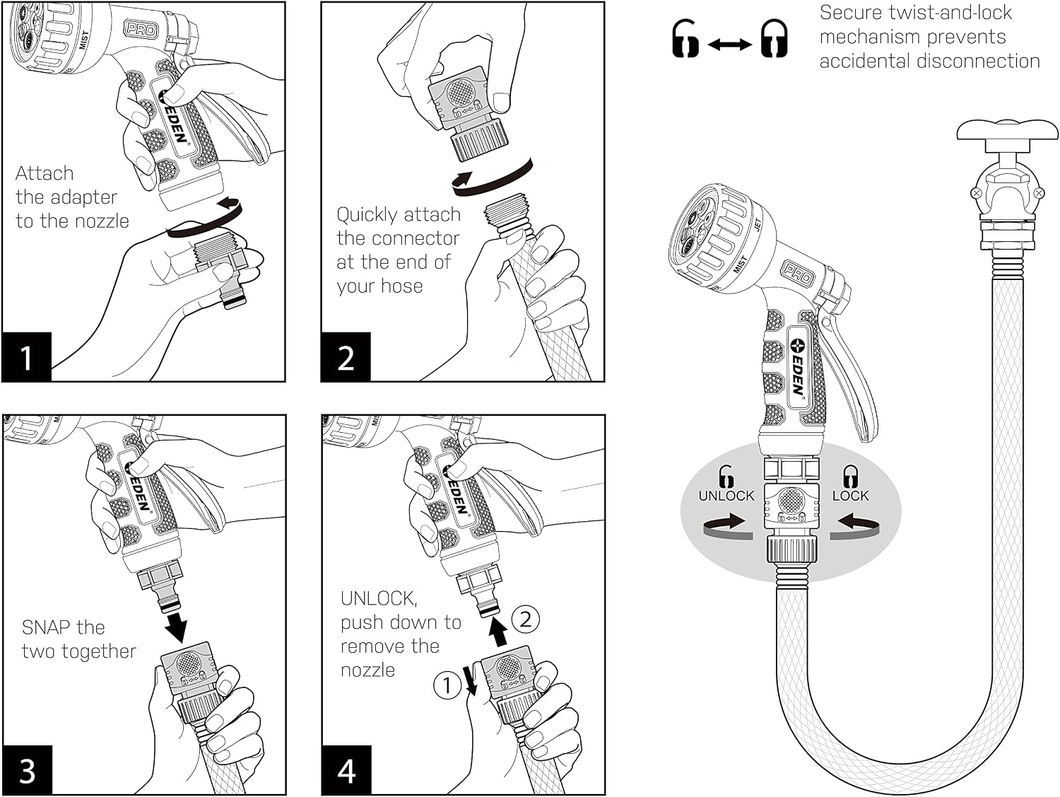 Eden Metal 7-Pattern Hose Nozzle: Thumb Control, Heavy-Duty Zinc Alloy