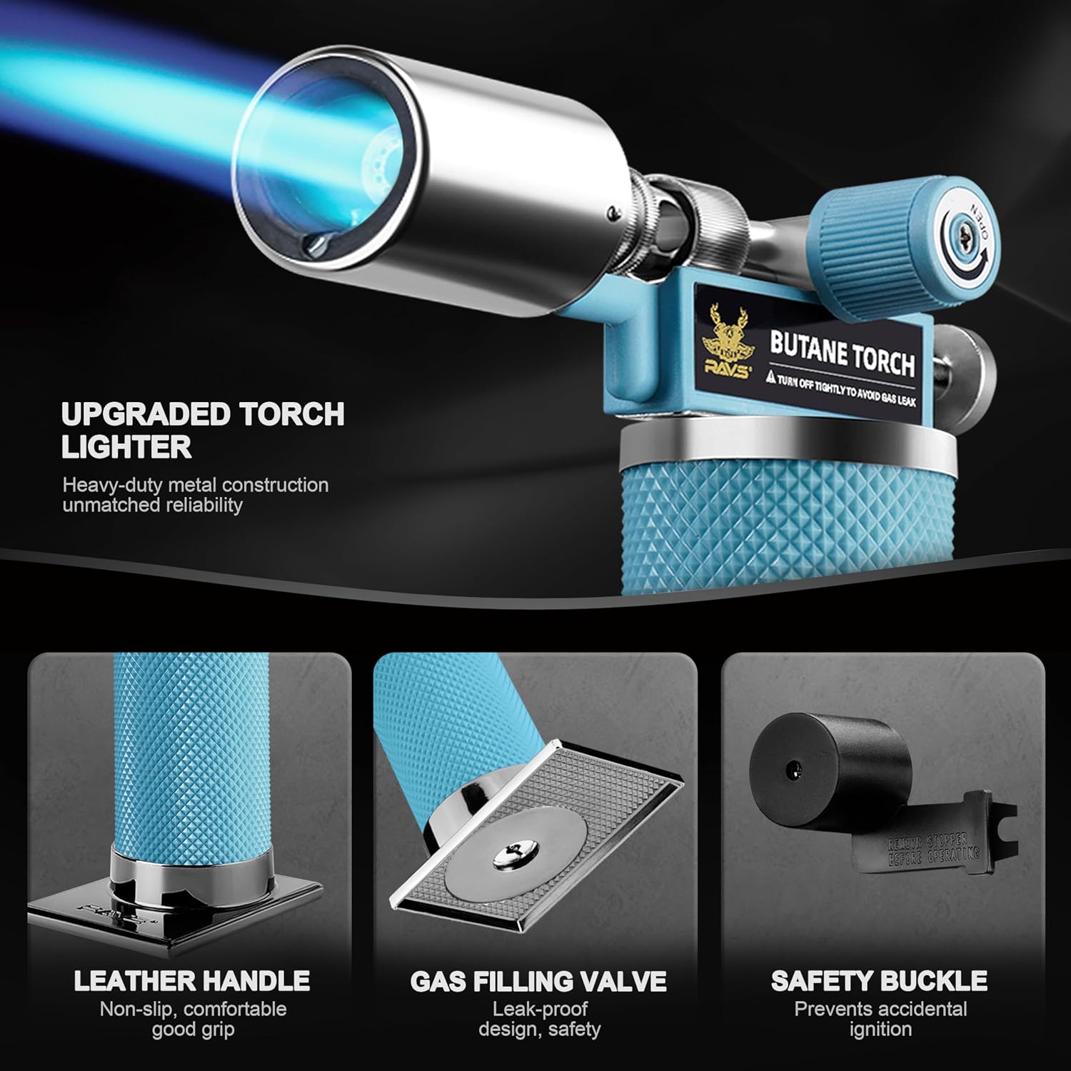 RAVS Butane Torch Lighter, Premium Metal Kitchen Torch with Adjustable Flame & Safety Buckle, Refillable Creme Brulee Torch for Baking, BBQ, DIY