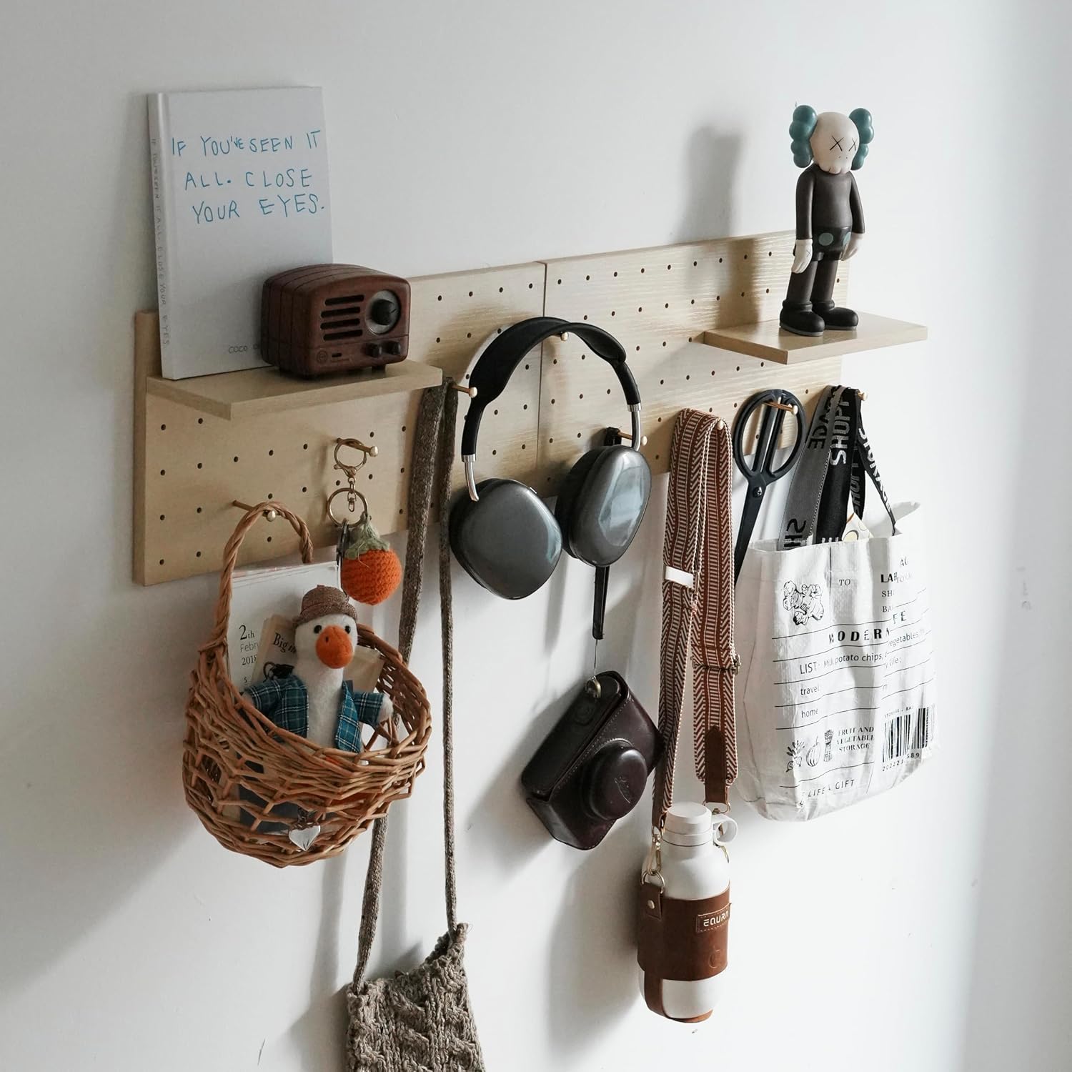 Wooden Pegboard Modular Display Organization Storage Wall Hooks Shelf(Color:Oak)