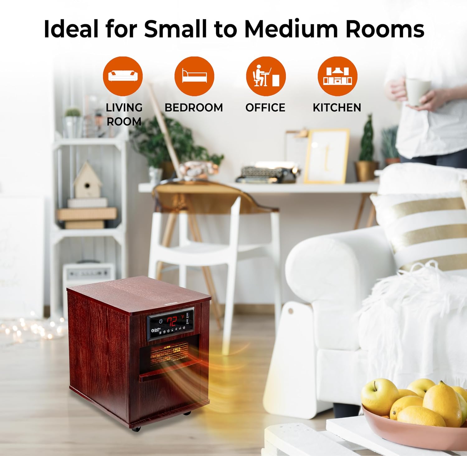 Comfort Zone Indoor Space Heater, 20 inch, 1,500 watt, Cabinet Heater with Remote, Infrared, Quartz, USB Charging Ports, Timer, Tip Over Switch & Overheat Protection, Ideal for Home & Office, CZ2062W