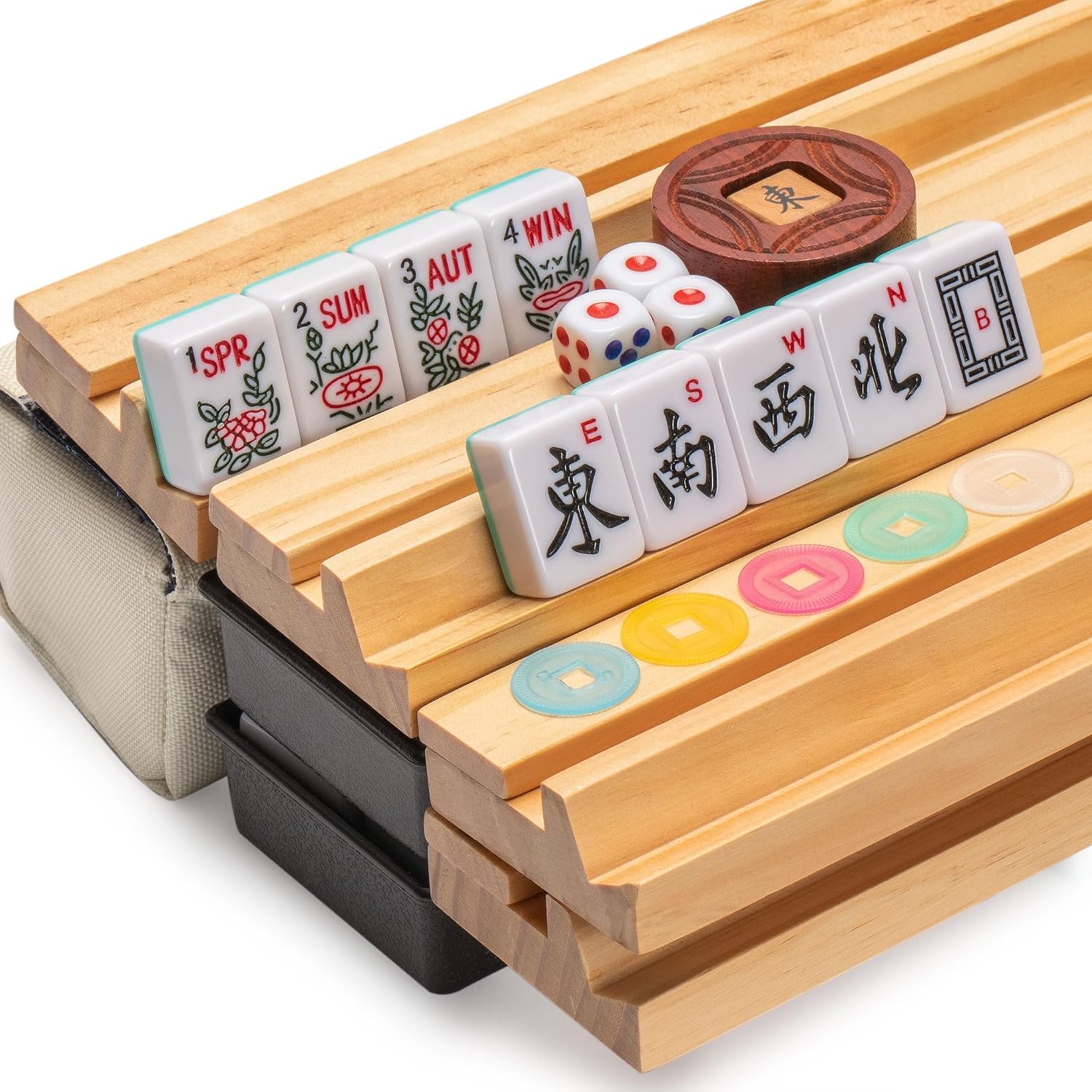 Yellow Mountain Imports American Mahjong Set, Mojave (Ivory) with Brown Soft Case, All-in-One Racks with Pushers, Wright Patterson Scoring Coins, Dice, & Wind Indicator