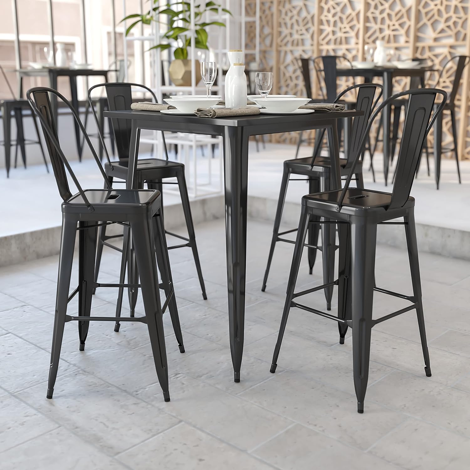 EMMA + OLIVER 31.5" Sq Black Metal Bar Height Table | Commercial Grade, Indoor/Outdoor Use, Bar Height