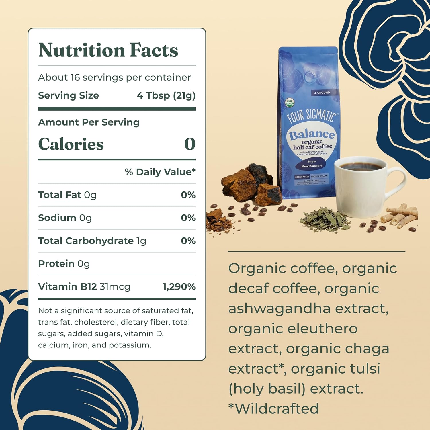 4551058-Four Sigmatic Organic Balance Adaptogen Ground Coffee, 12 Oz
