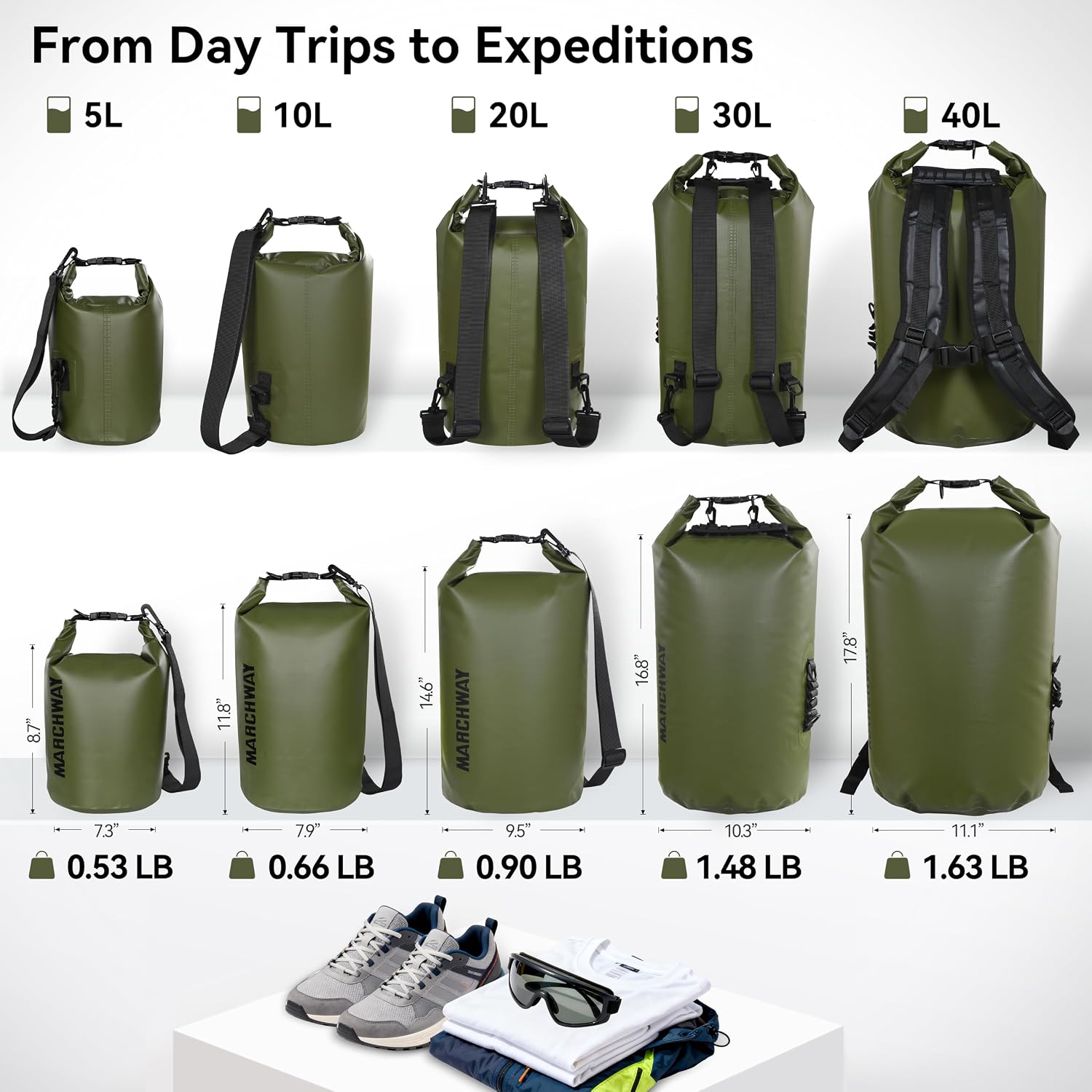 MARCHWAY Floating Waterproof Dry Bag Backpack 5L/10L/20L/30L/40L, Roll Top Sack Keeps Gear Dry for Kayaking, Rafting, Boating, Swimming, Camping, Hiking, Beach, Fishing