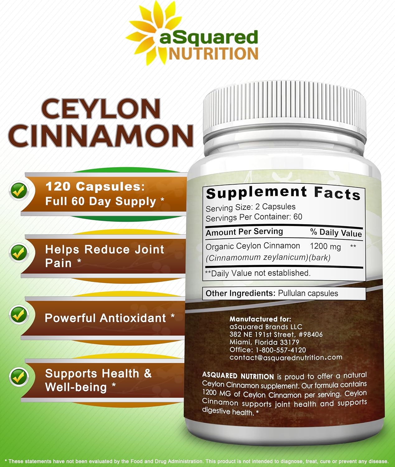 Natural Ceylon Cinnamon 1200mg Per Serving - 120 Capsules, True Cinnamon from Sri Lanka, Extract Supplement Pills Promotes Heart Health