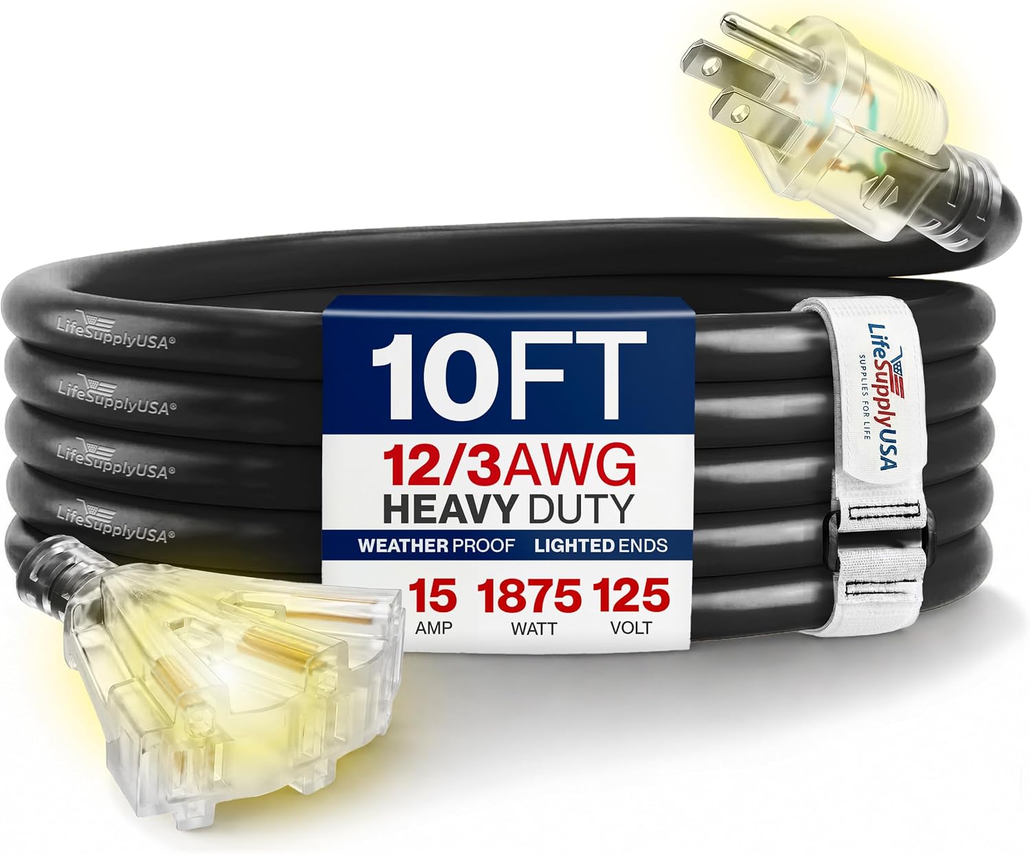 25ft Outdoor/Indoor Extension Cord 3-Outlet 12/3 Gauge Extra Heavy Duty 3 Prong SJTW, Waterproof, Flexible Cold-Resistant Long Power Cord,15A 125V 1875W, Yellow by LifeSupplyUSA