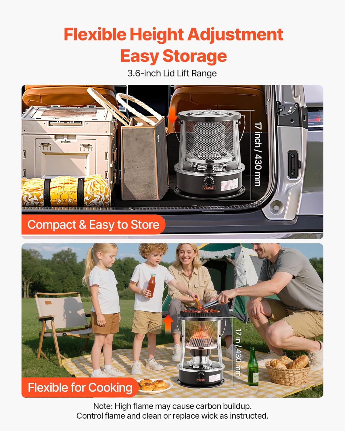 VEVOR 9000 BTU Portable Kerosene Heater & Stove, 2 in 1 Non-Electric Indoor Outdoor Heater with Adjustable Height & Flame & Easy Storage, for Camping