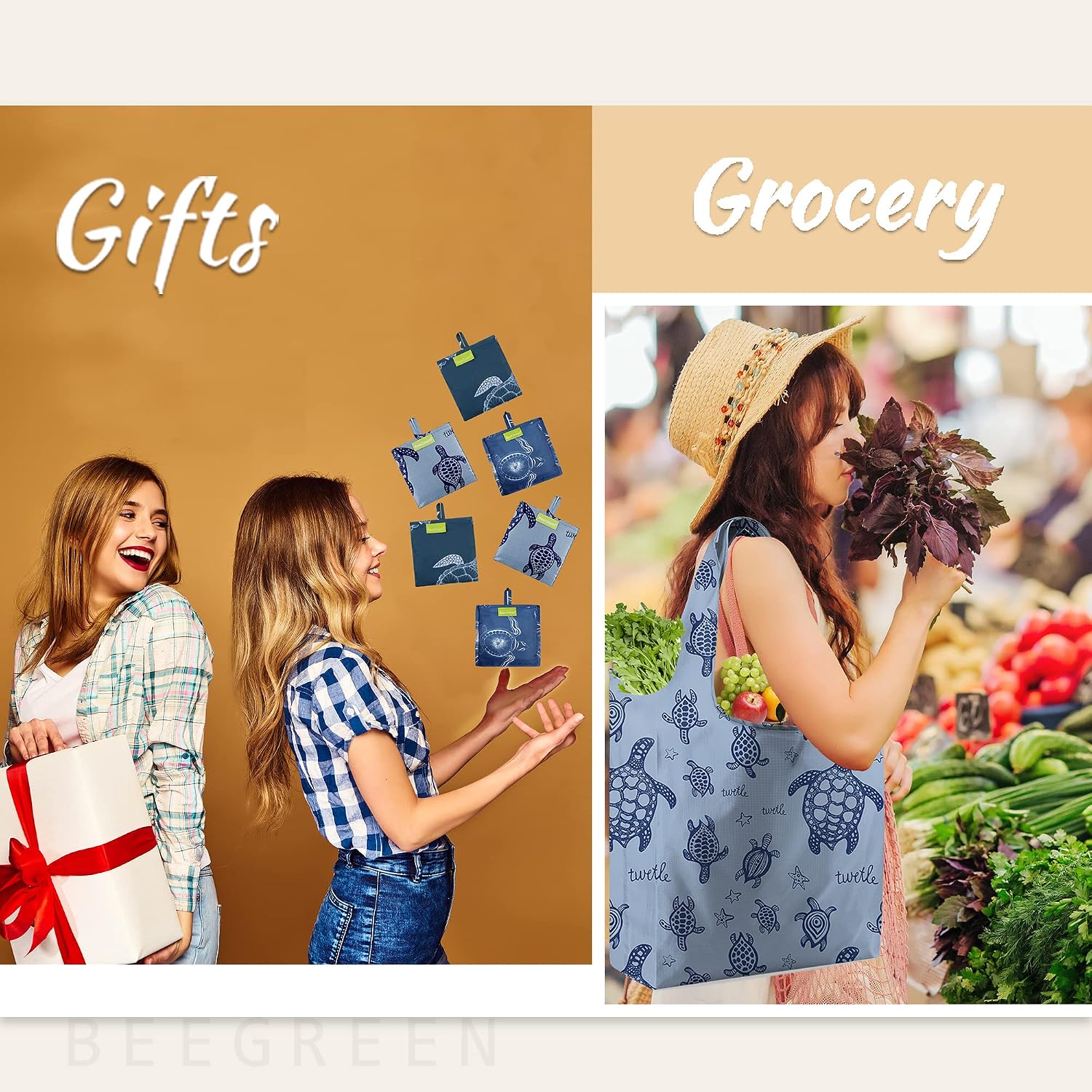 BeeGreen Grocery Bags | Reusable Gift Bags, Large Tote for Women & Foldable Beach Bag - 6 Pack Reusable Bag With Handles | Collapsible Cute Cloth Storage for Market, Holiday & Shopping | Washable​