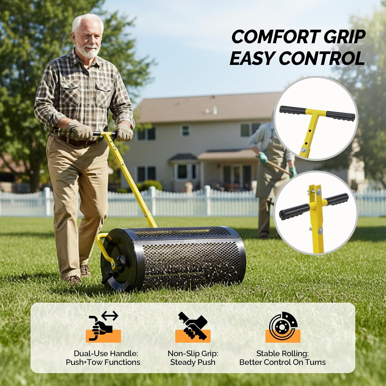 VINGLI Compost Spreader, 24 inch Peat Moss Spreader with Height Adjustable Handle, T Shaped Handle Peat Moss Roller, Seed Spreader for Lawn Backyard Outdoor (24"-Black & Yellow)