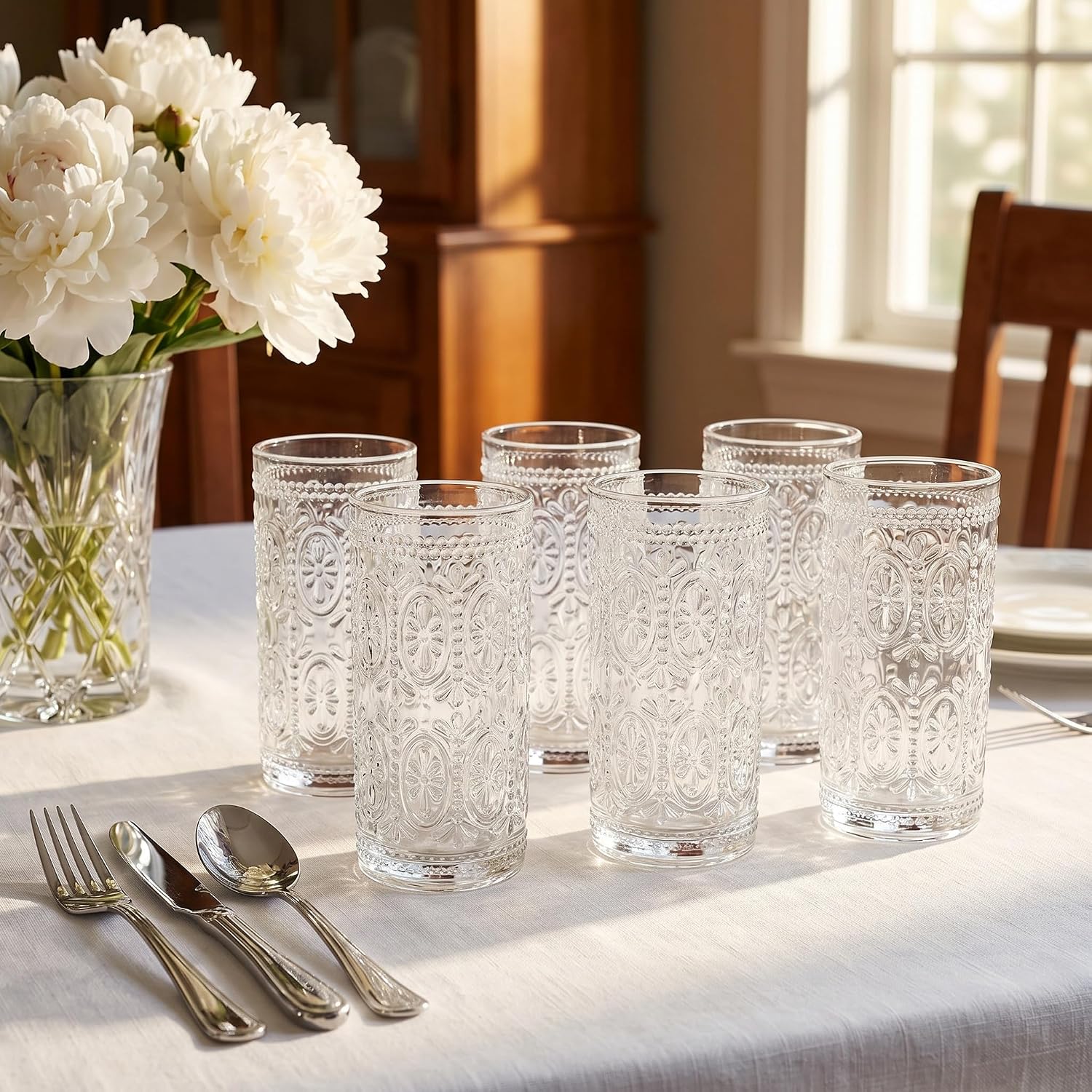 Bekith 6 Pack Romantic Drinking Glasses, 12 oz Highball Glasses, Thick Water Glasses, Tall Glass Cups for Beverages, Beer, Cocktail