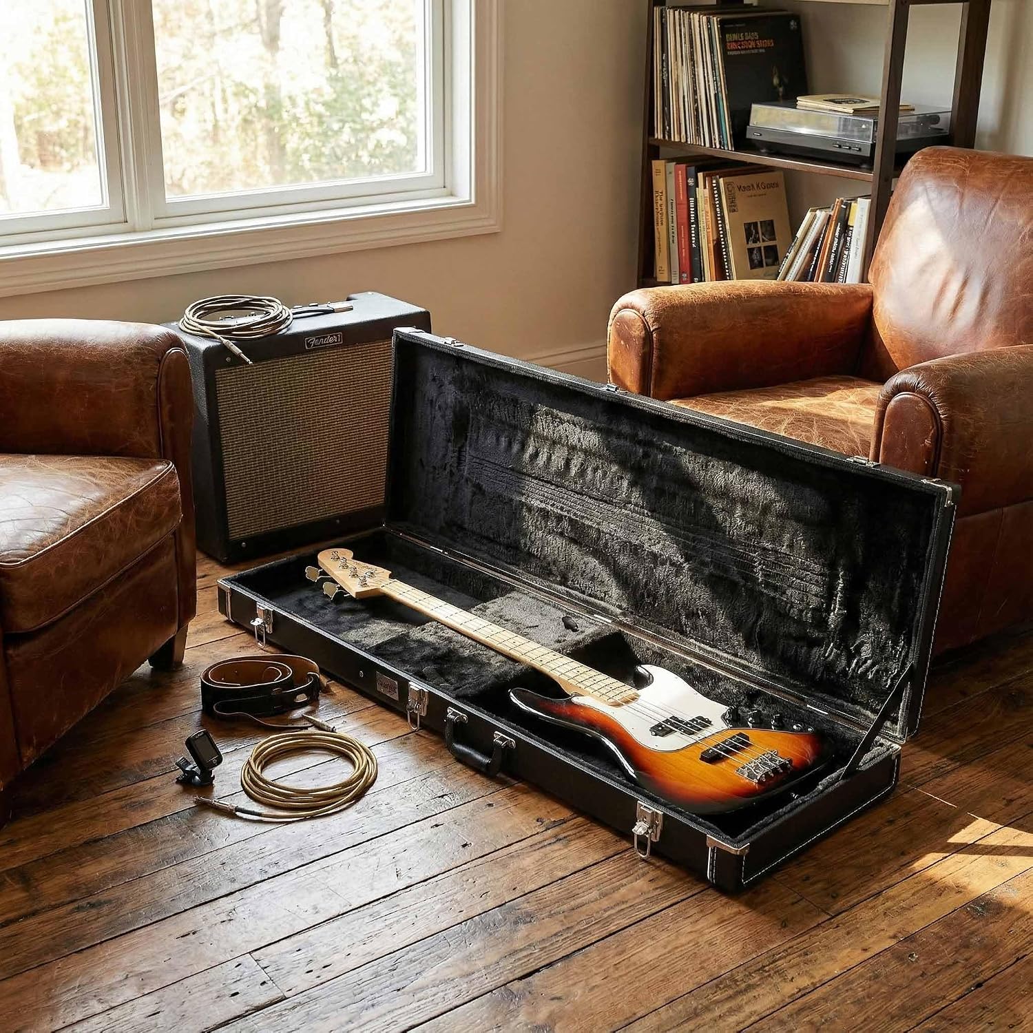 Gearlux Bass Guitar Hard Case, Fits Fender Precision/Jazz Bass and More with Exterior Lock and Key, Interior Accessory Compartment, and Plush Interior Padding - Black