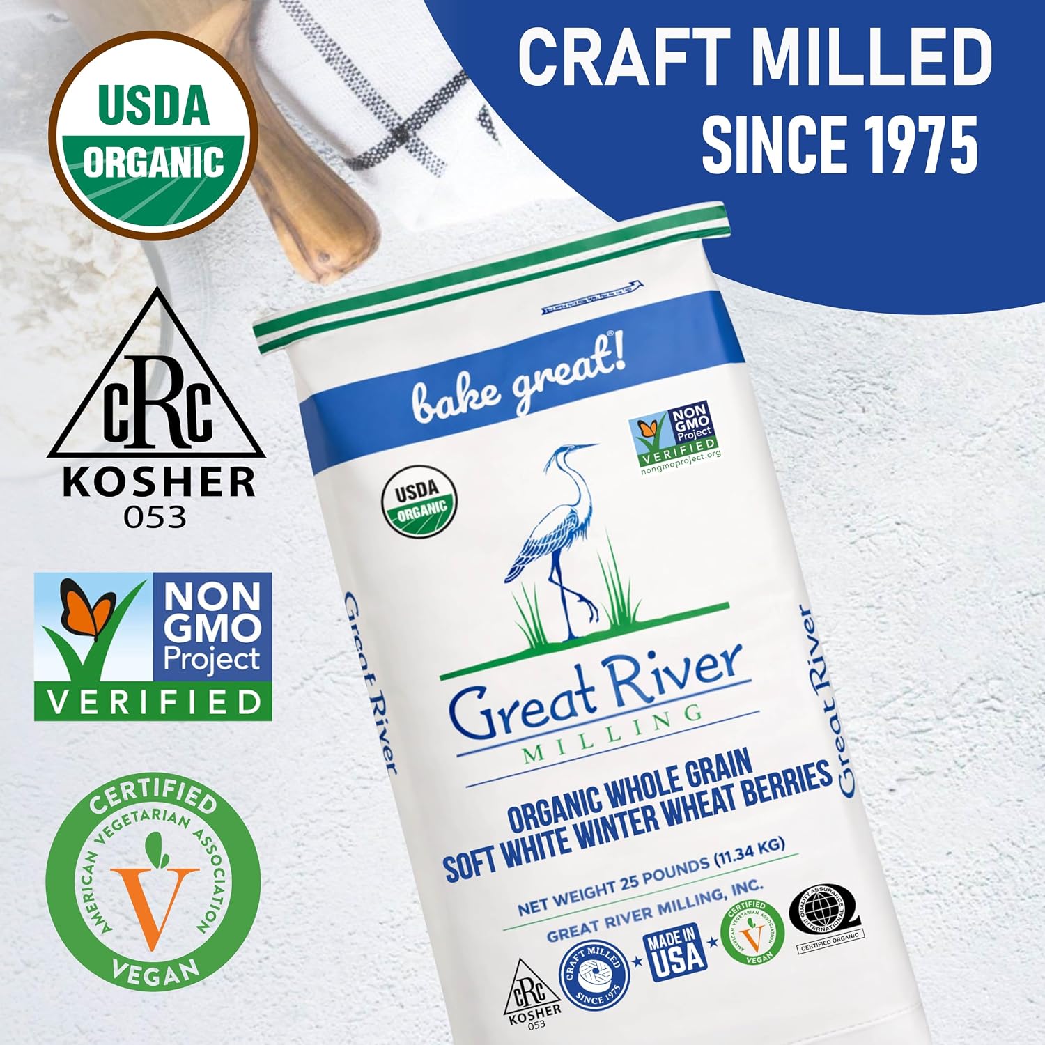 Great River Milling Organic Soft White Wheat Berries, Non-GMO, 25 lb | Organic Soft White Wheat Berries for home-milled flour for cakes, muffins, biscuits, pancakes, cookies and pie crust; mild