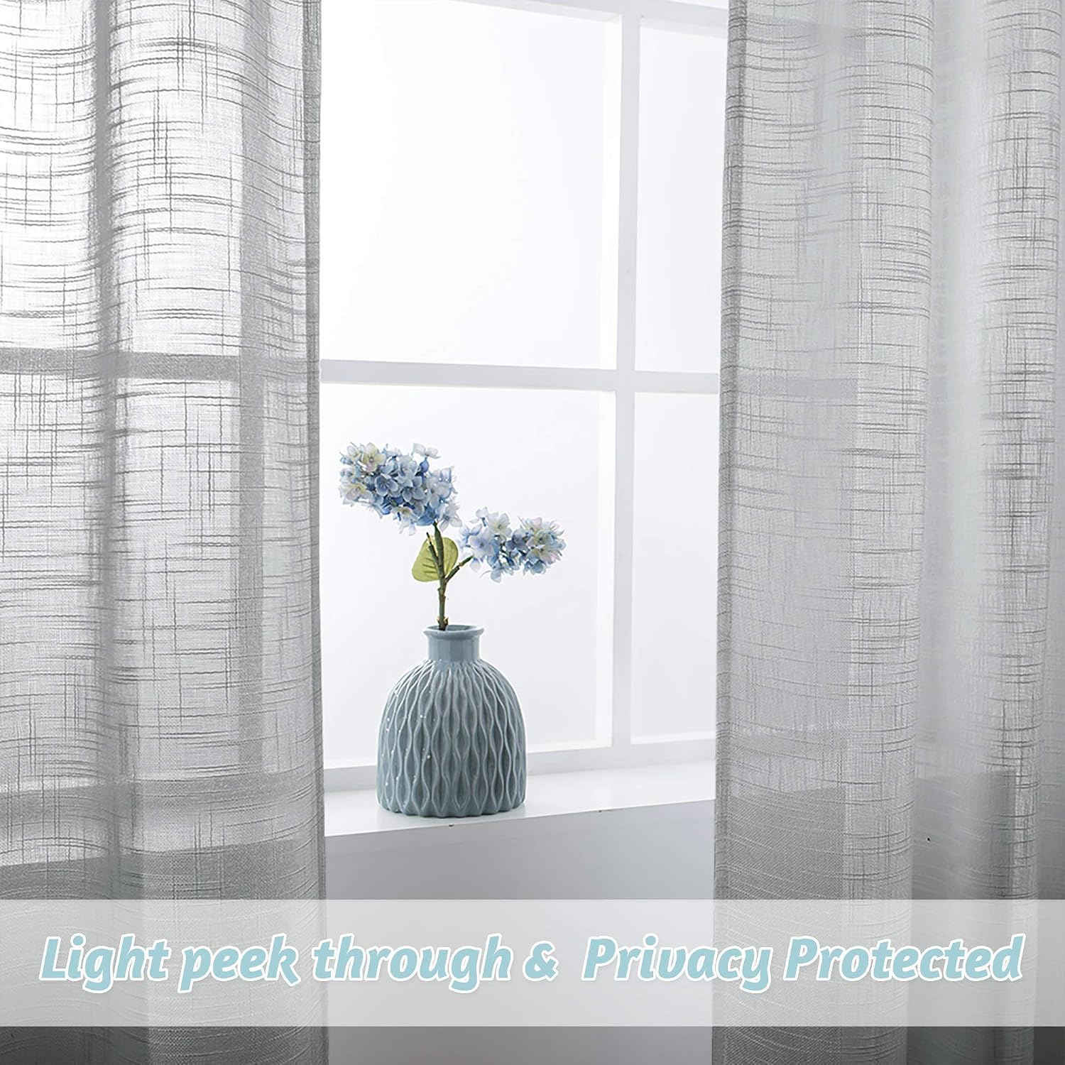 RYB HOME Linen Sheer Curtains - Linen Textured Semi Sheer Curtains for Kids Nursery Bedroom Living Room Window