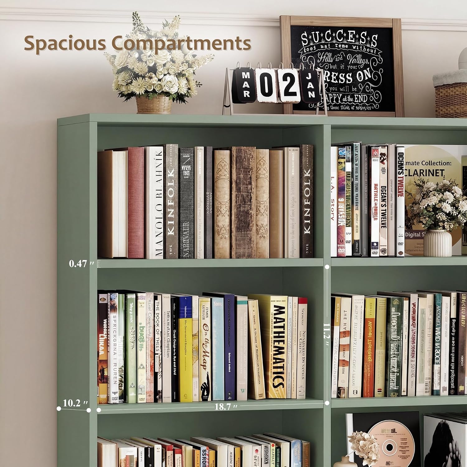 HOSTACK 71" Tall Triple Wide Bookshelf with Storage Drawers & Doors, Green | Large Bookcase with Cabinet, Modern 6-Tier Open Display Shelves, Wood Book Shelf for Living Room, Home Office