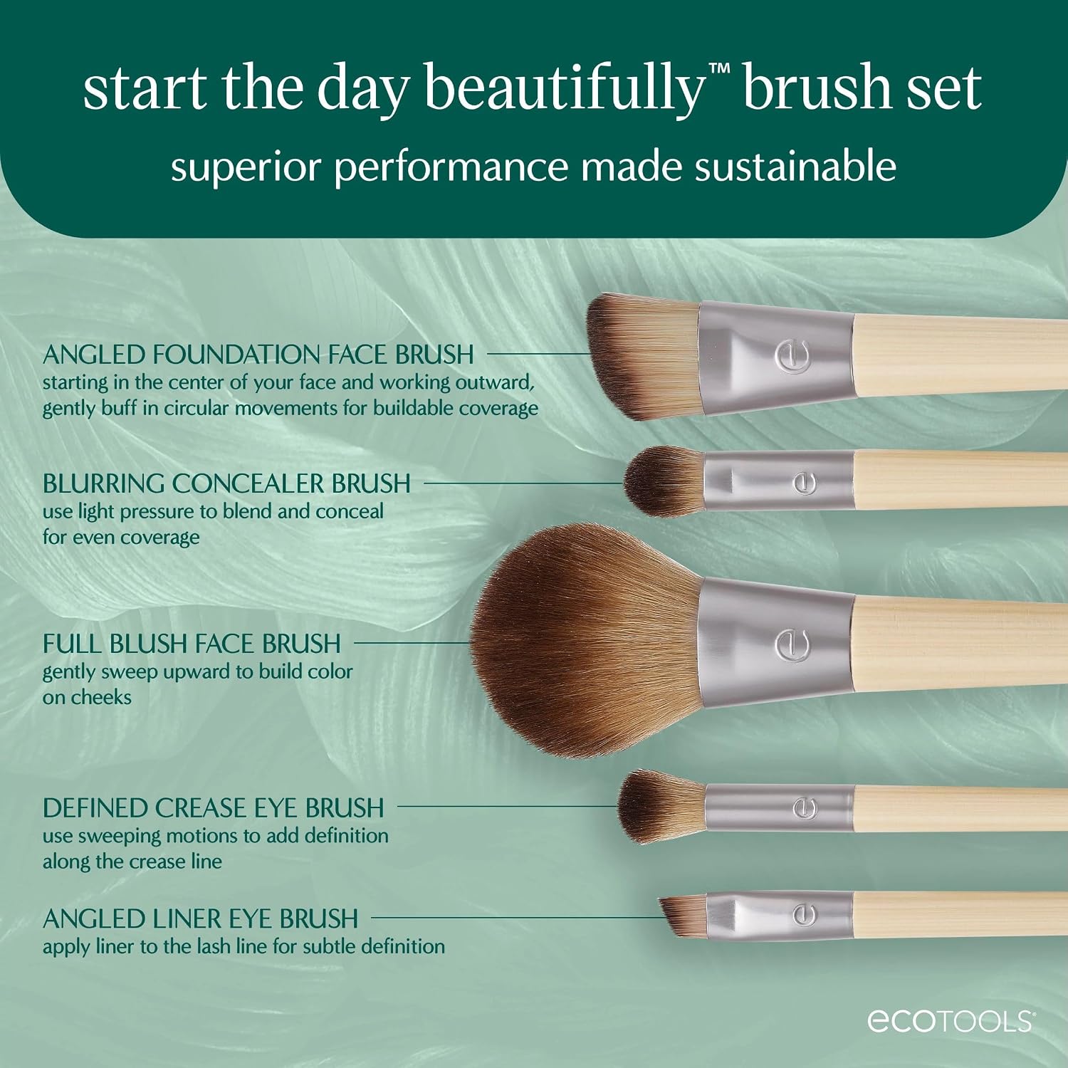 EcoTools 6 Piece Start the Day Beautifully Makeup Brush Set | Natural face and eye look, makeup brush kit for liquid cream or powder