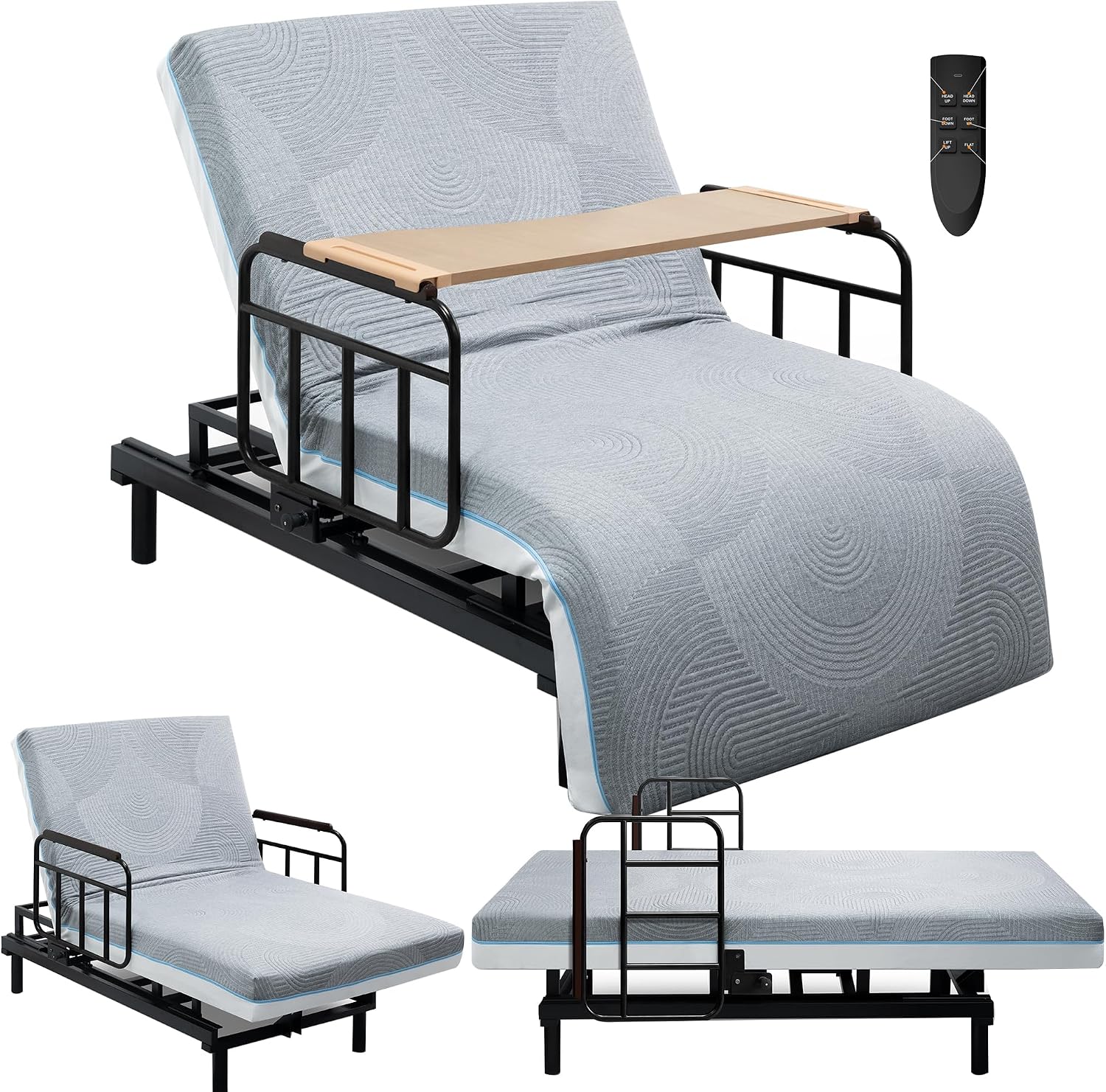Electric Lift Bed for Elderly, Remote Control Adjustable Bed with 5.91" Mattress, Quiet Motor and Removable Tray, Zero Gravity Position Bed Frame Suitable for Hospital/Home Care