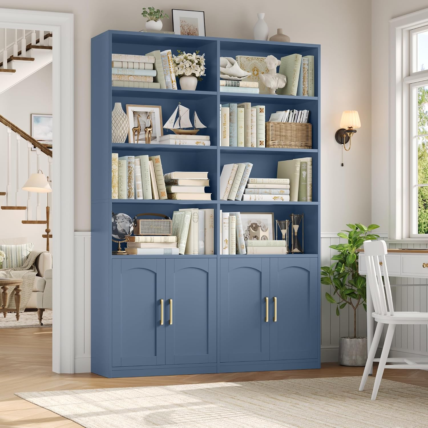 Bookshelf and Bookcase with Doors, Double Wide Large Bookshelves | Industrial Open Display Shelves 6 Tier, 73'' Tall Bookshelf with Storage Cabinets for Office,Home, Living Room, Library,White