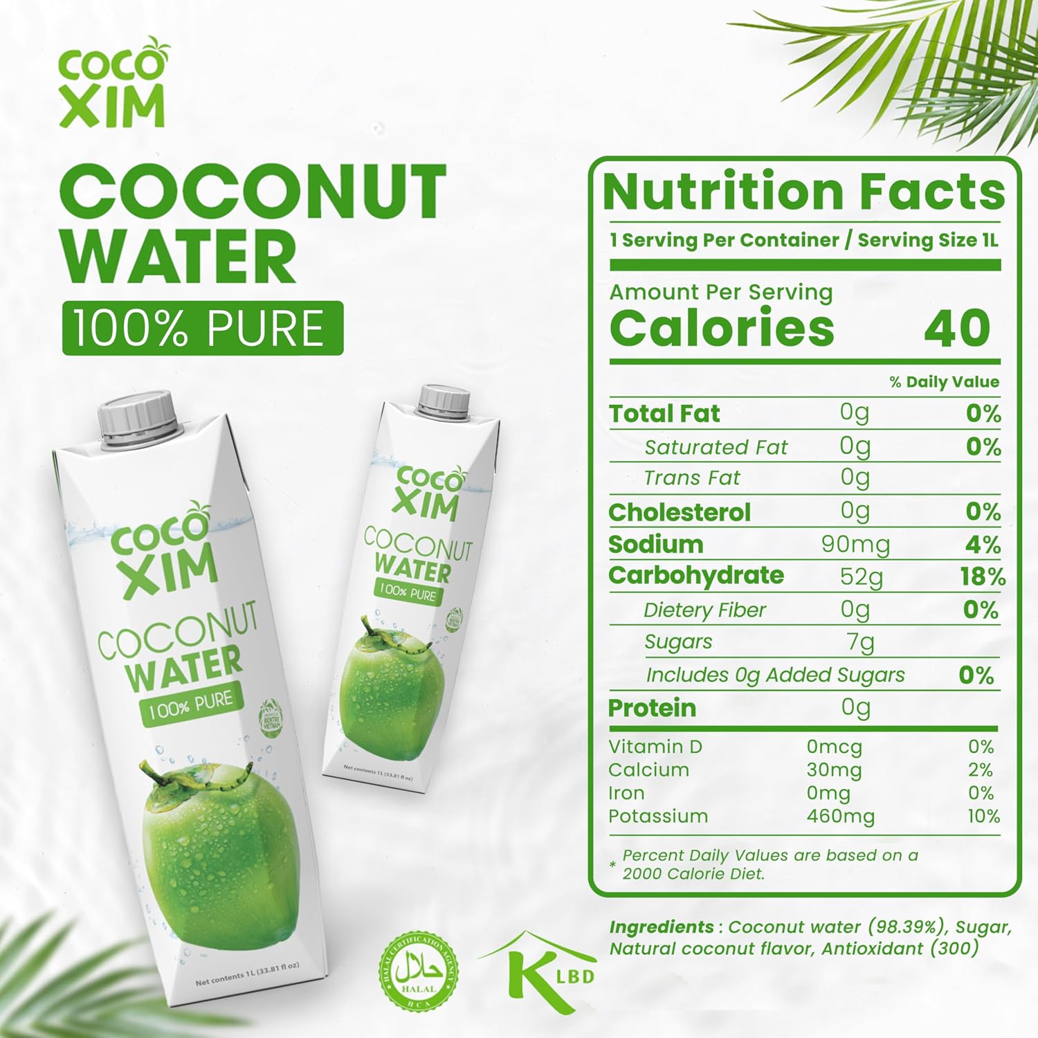 COCOXIM Ready to Drink Pure Coconut Water, 33.8 oz, Pack of 12, Zero Sugar