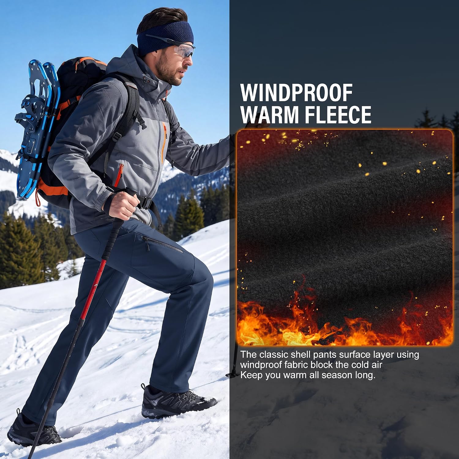 Men's Waterproof Pants Fleece Lined Insulated Winter Hiking Ski Snow Pants