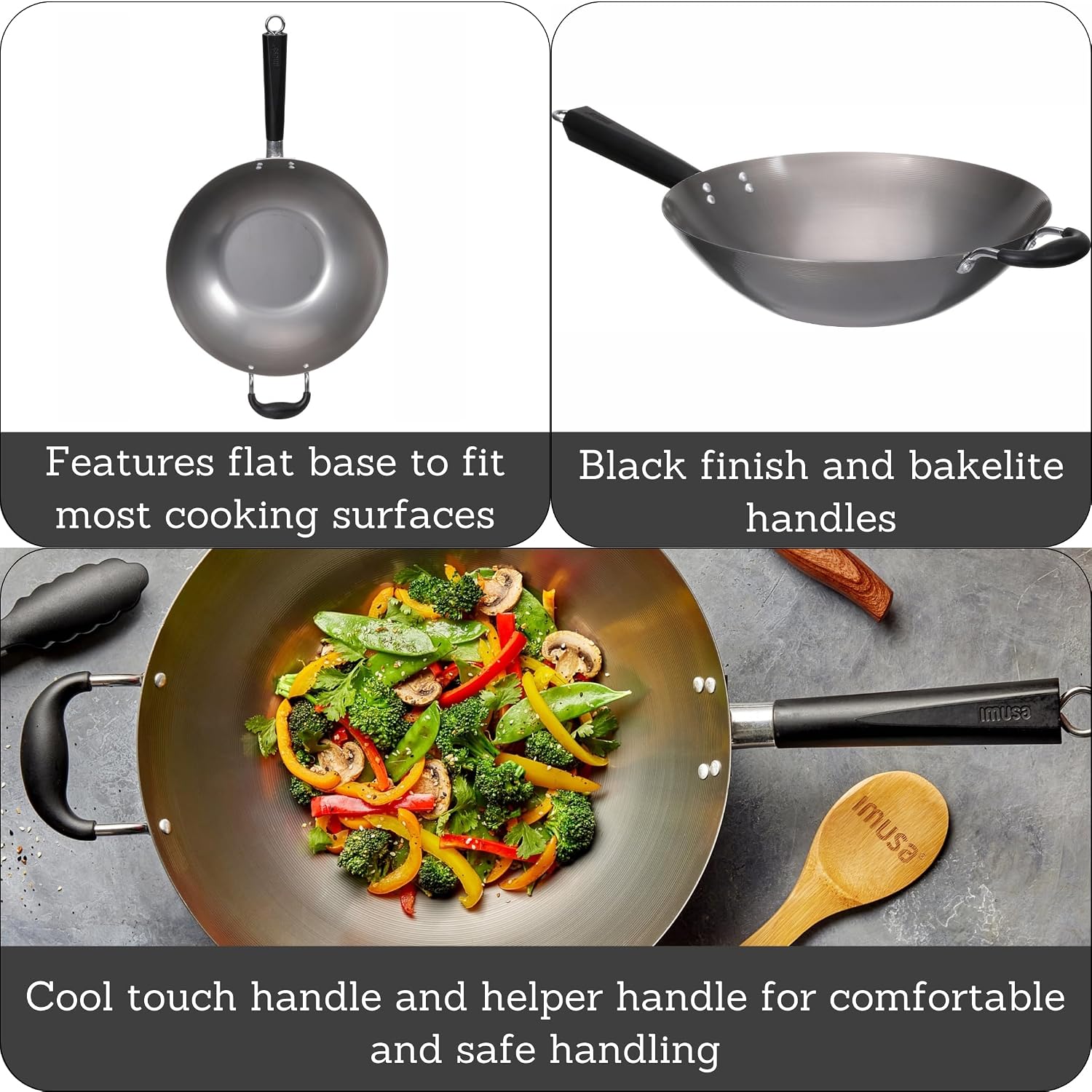 IMUSA 9.5 Inch Carbon Steel Nonstick Wok with Cool-touch Handle, Black | Cool-Touch Handle, Ideal for Stir Fry, Great for Everyday Meals