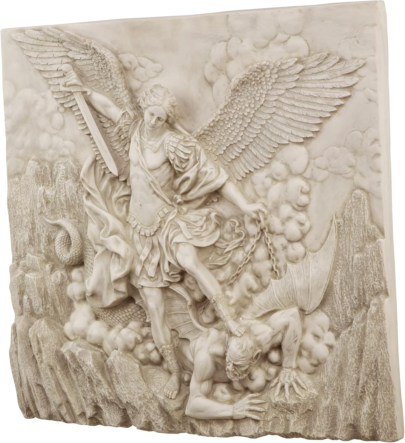 Design Toscano Michael the Archangel Slaying Demon Indoor/Outdoor Wall Frieze Sculpture, 22 inches wide, Cast Stone Resin, Antique Stone Finish