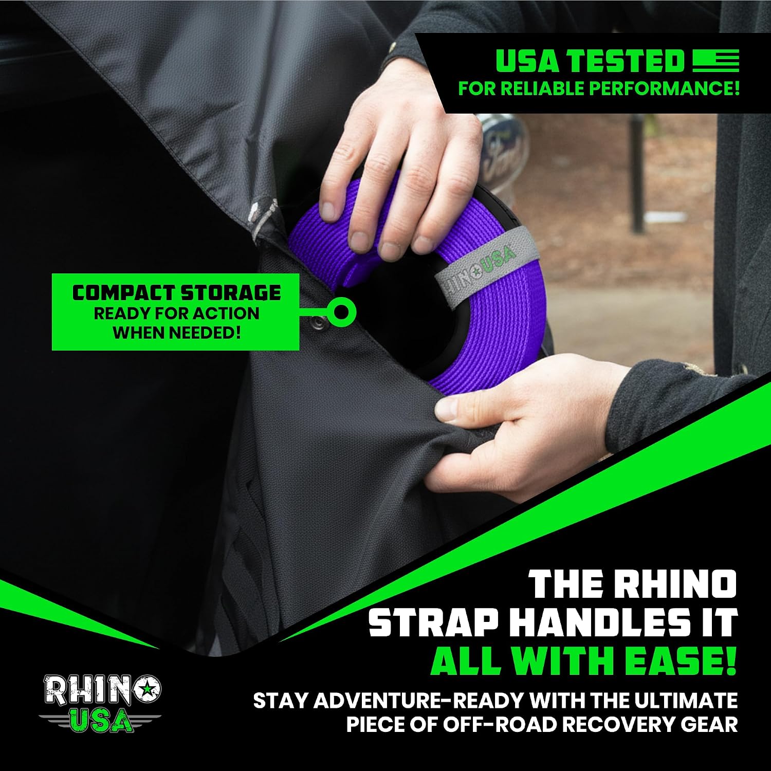 Rhino USA Recovery Tow Strap (3in x 30ft) - 31,518lb Heavy Duty Towing | 31,518lb Break Strength Emergency Tow Strap, Extended 30ft Length. For Truck, UTV, ATV & Jeep Offroad Recovery. Black