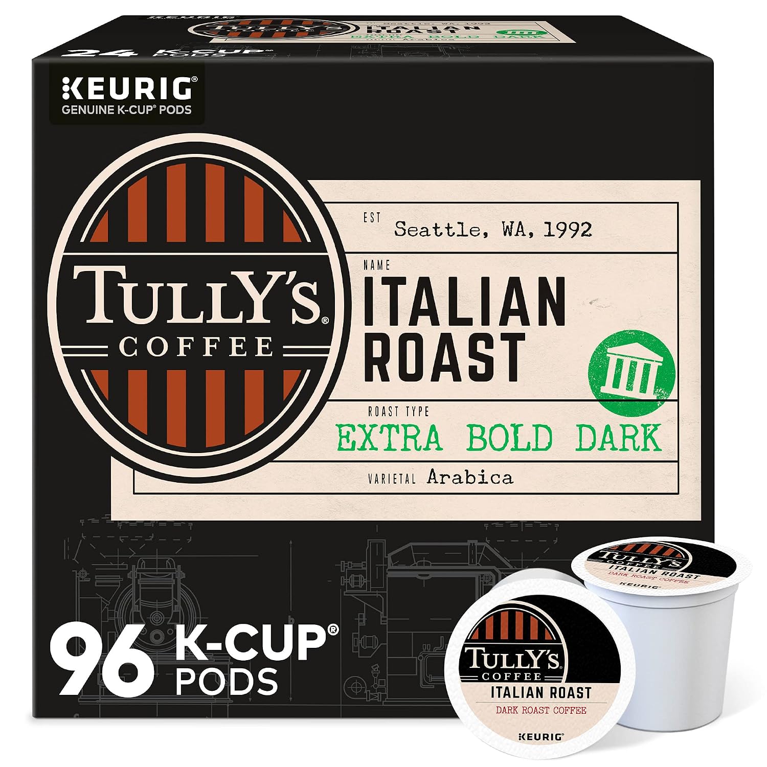 Tully's Coffee Hawaiian Blend Keurig Single-Serve K-Cup Pods, Medium Roast Coffee, 96 Count