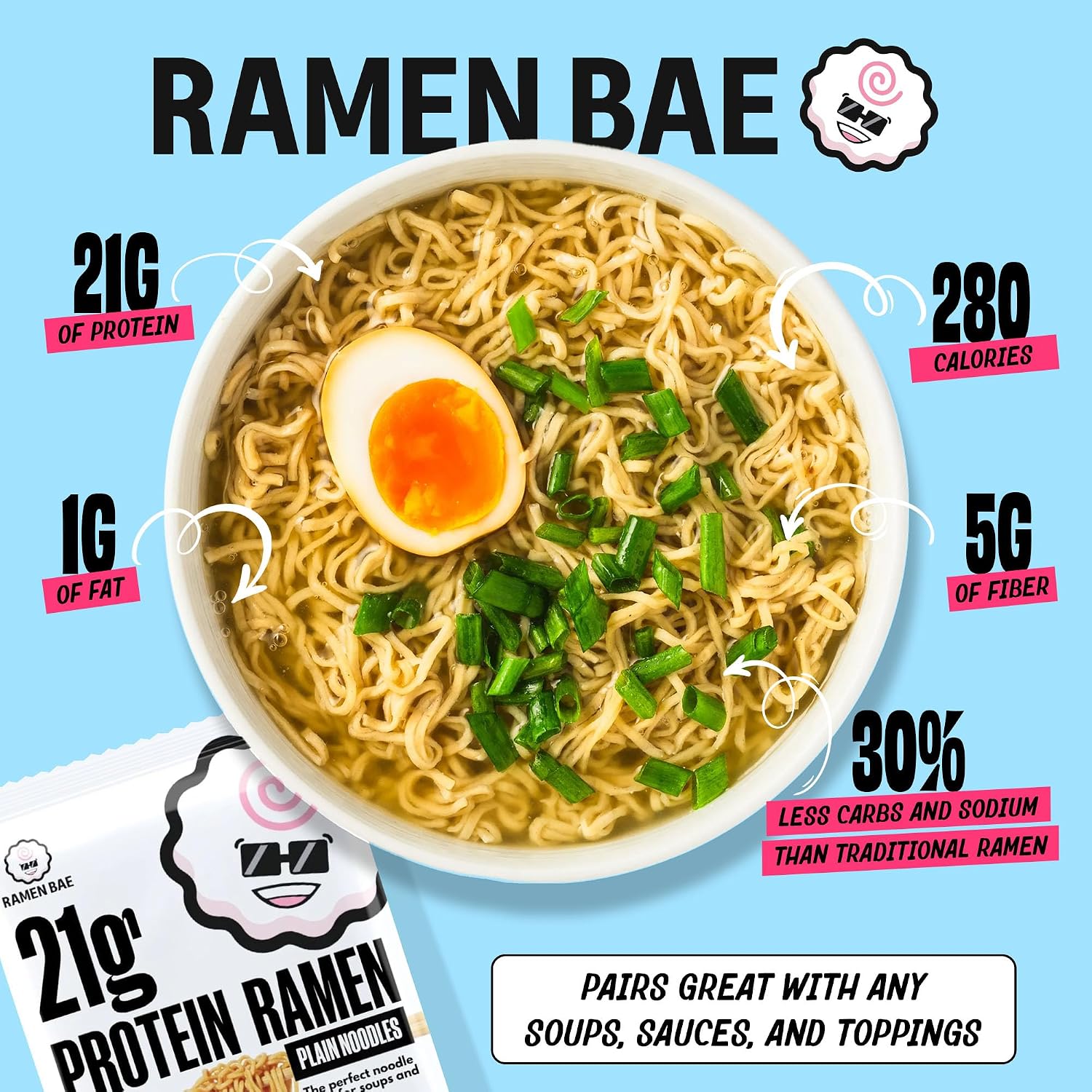 Ramen Bae Original Stir Fry Protein Noodles - 28g Protein, Garlic Soy | Air Dried Not Fried, Plant Based, Vegan Protein Noodles - Lower Carb & Fat - Savory & Bold with Hint of Spice (Pack of 6)