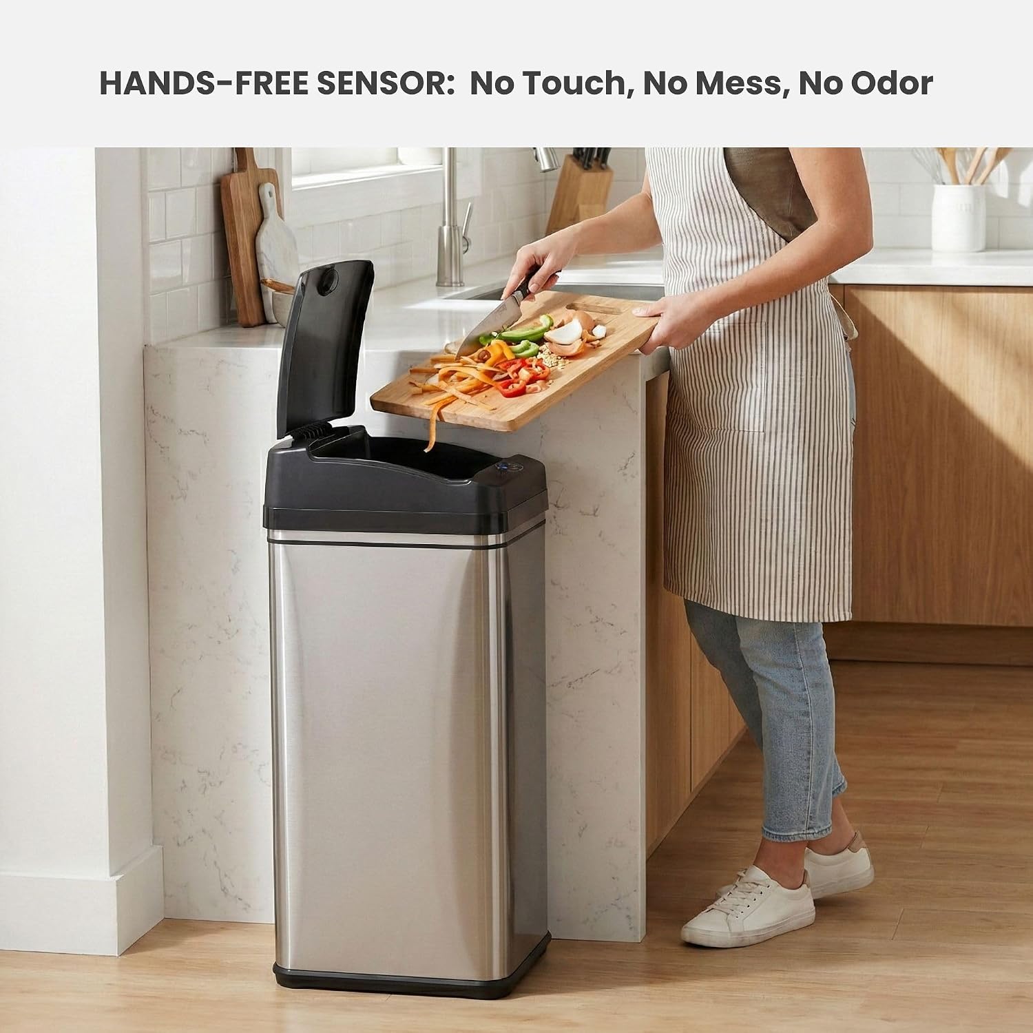iTouchless Glide 13 Gallon Sensor Garbage Can with Wheels and Odor Control System, Stainless Steel, Automatic Kitchen Bin and Office Trash Bin (Powered by Battery or Optional AC Adapter)