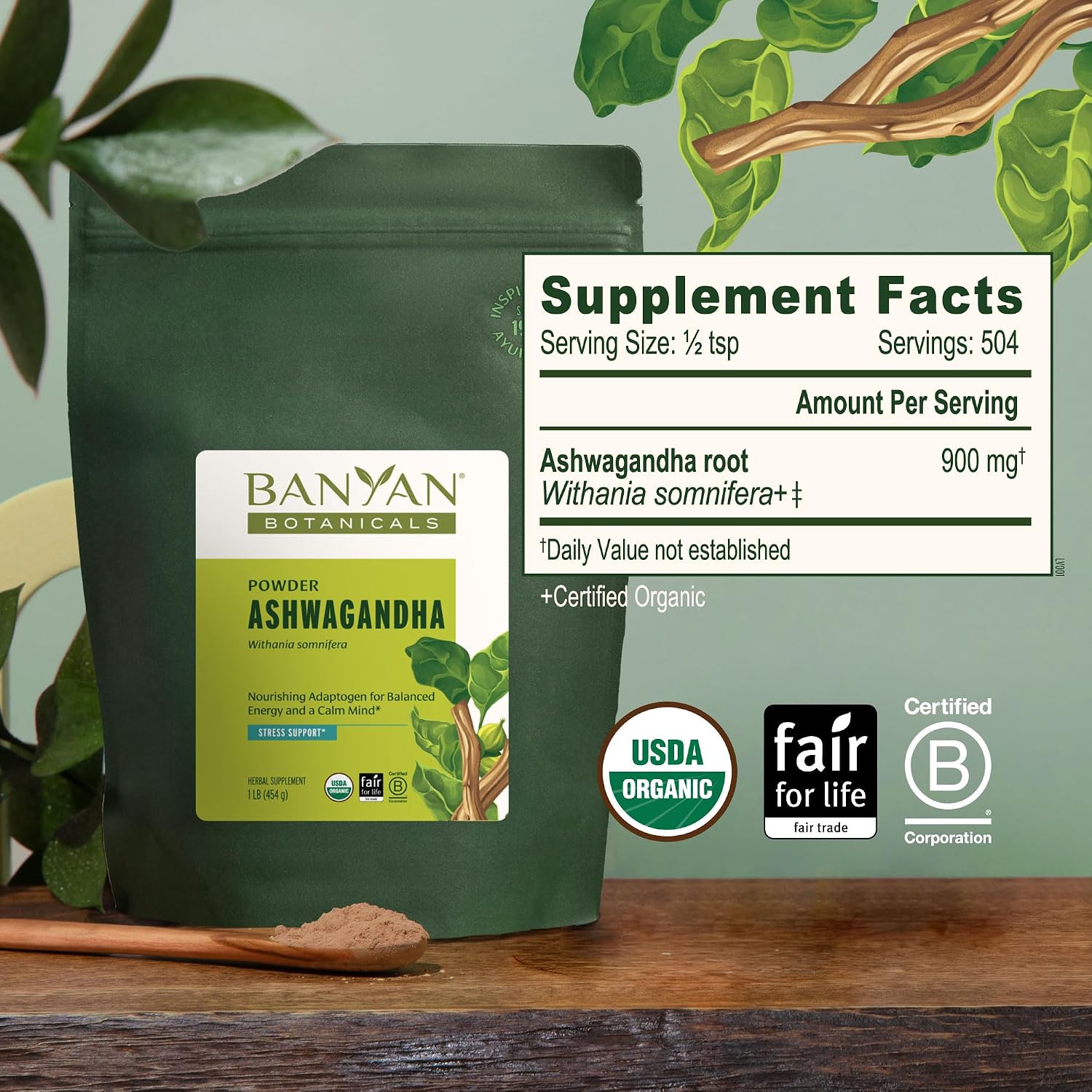Banyan Botanicals Ashwagandha Powder – Organic Ashwagandha Root – Renowned Herbal Adaptogen for Natural Energy Support and Stress Support* – 1/2lb – Non-GMO Sustainably Sourced Vegan