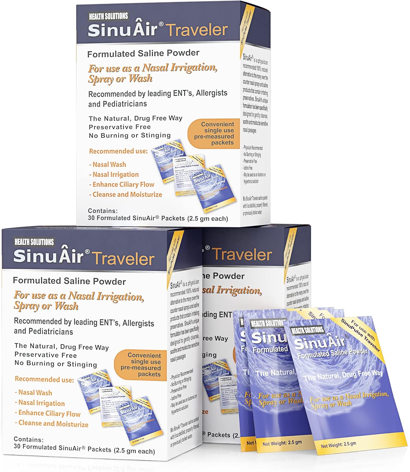 SinuAir Traveler Saline Packets - Sodium Chloride with Potassium & Calcium, Salt Solution Powder Refill Packs for Nasal Irrigation Machine