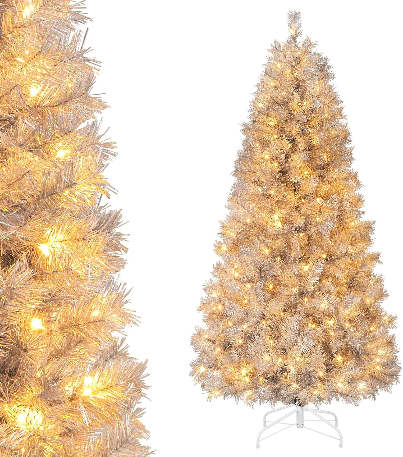Goplus 7.5ft Pre-Lit Artificial Christmas Tree, Premium PVC Snow Flocked Hinged Pine Tree with Metal Stand and LED Lights
