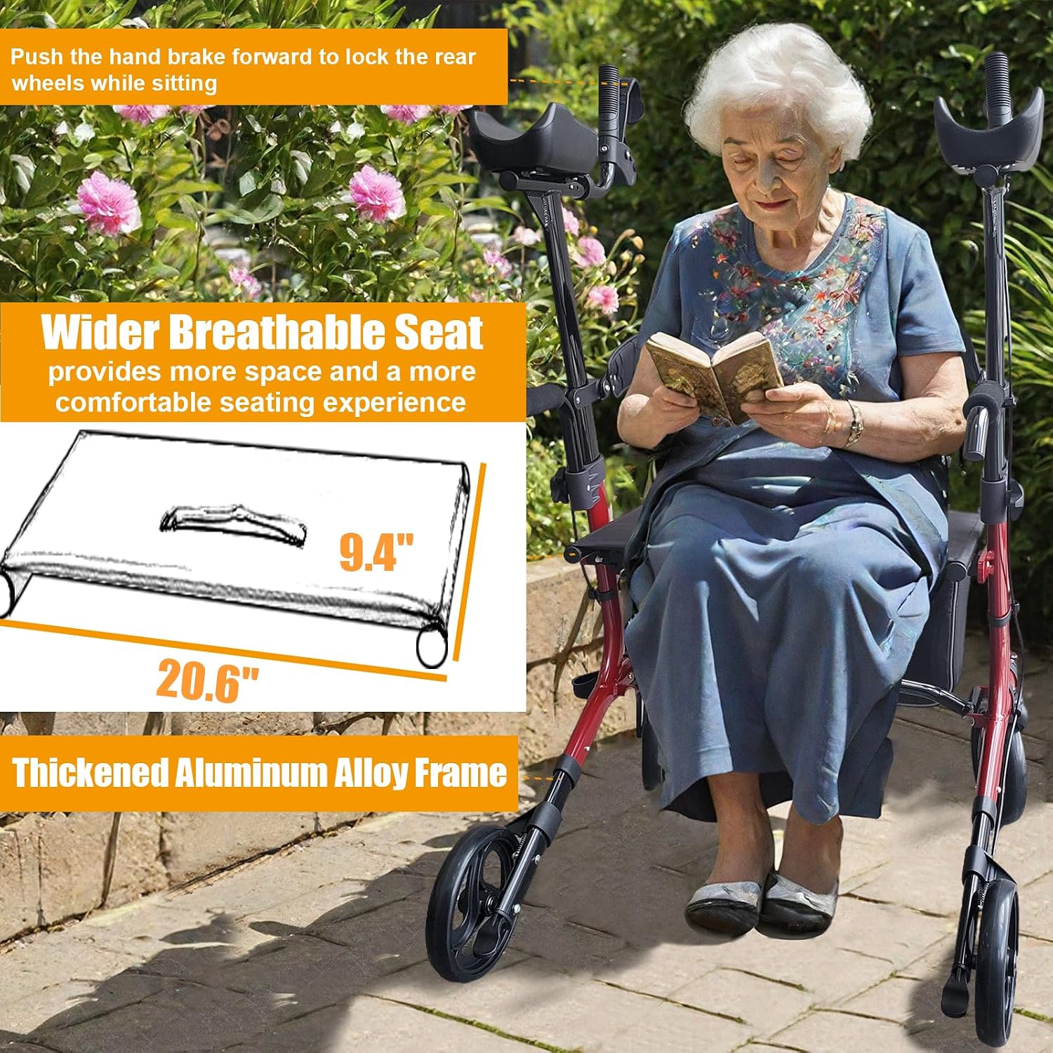 Aliseniors Upright Walker for Seniors - Big Stand Up Walker with Wide Seat, Foldable 4 Wheel All-Terrain Rolling Walker, Adjustable Armrests, 300lbs, Improves Posture & Reduces Back Strain | 20.6" Wide Seat, Foldable Rollator, 8" All-Terrain Wheels, Adju…
