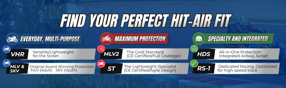 Hit Air vest comparison chart VHR MLV2 ST HDS jacket SKV youth and RS 1 racing selection