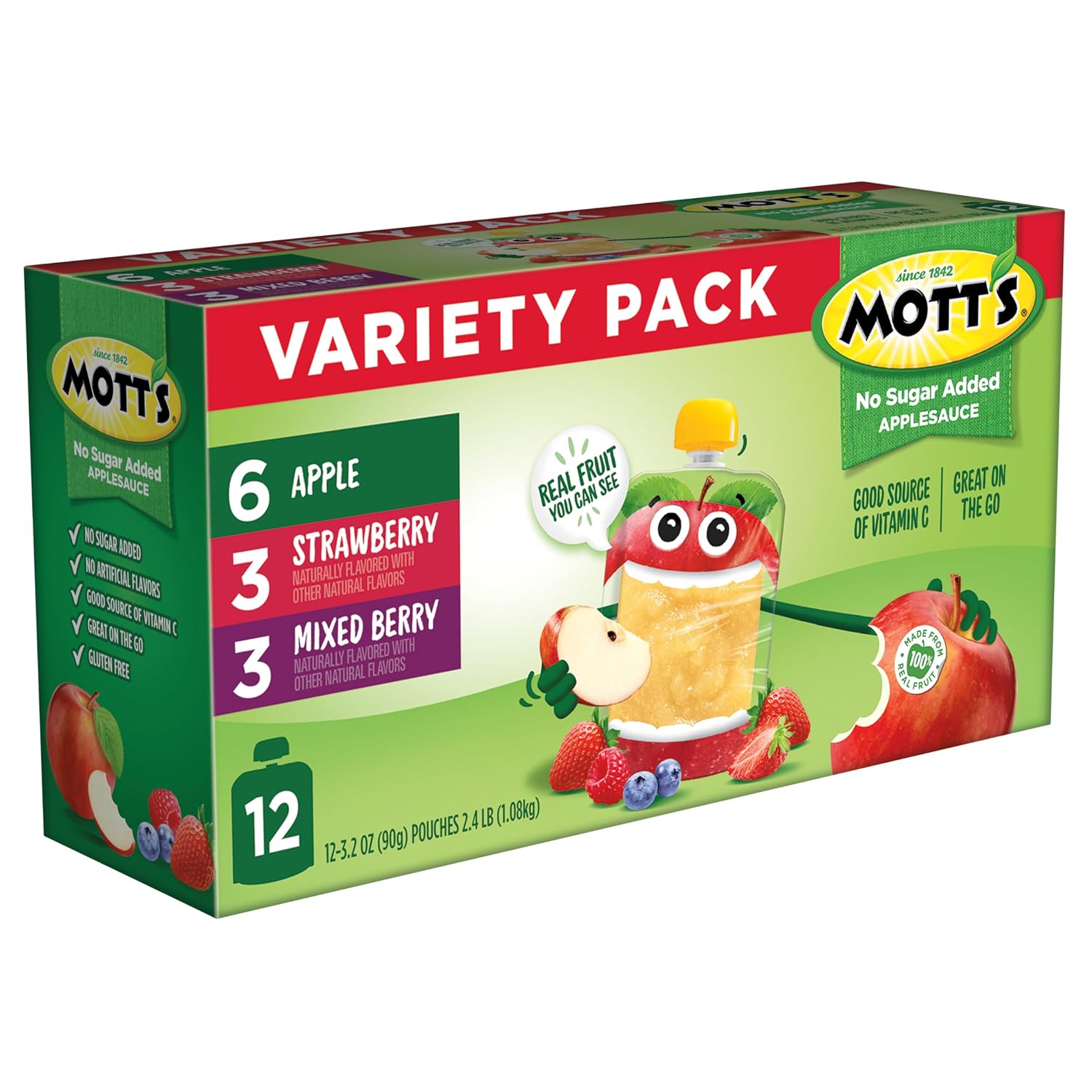 Mott's No Sugar Added Strawberry Applesauce, 3.2 Oz Clear Pouches, 48 Count (4 Packs Of 12), Good Source Of Vitamin C, No Artificial Flavors
