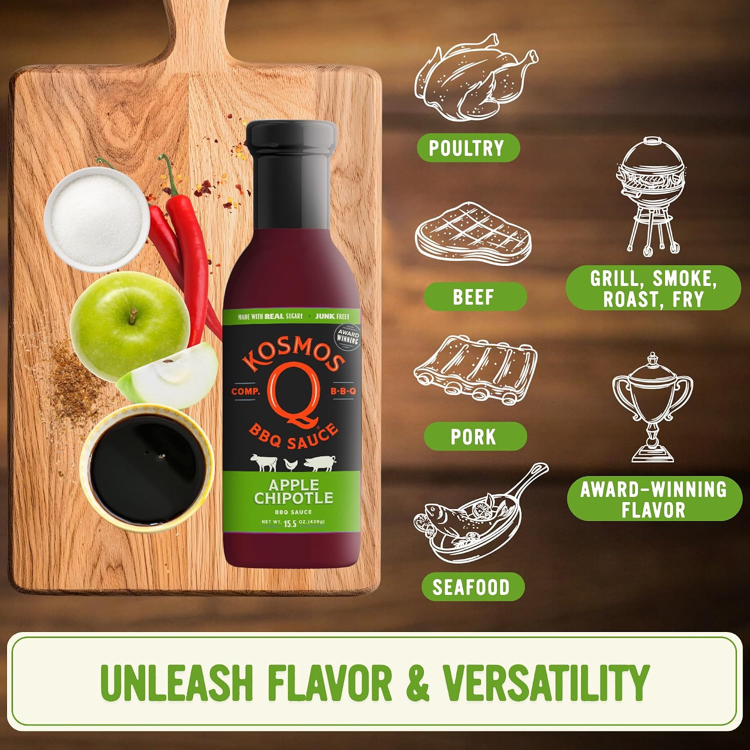 Kosmos Q Sweet Apple Chipotle BBQ Sauce, Tangy Natural Barbecue Sauce with Real Apples & Spicy Chipotle Peppers, Sweet & Spicy Glaze for Pork, Chicken, Ribs & More, Gluten Free, 15.5 Oz Bottle