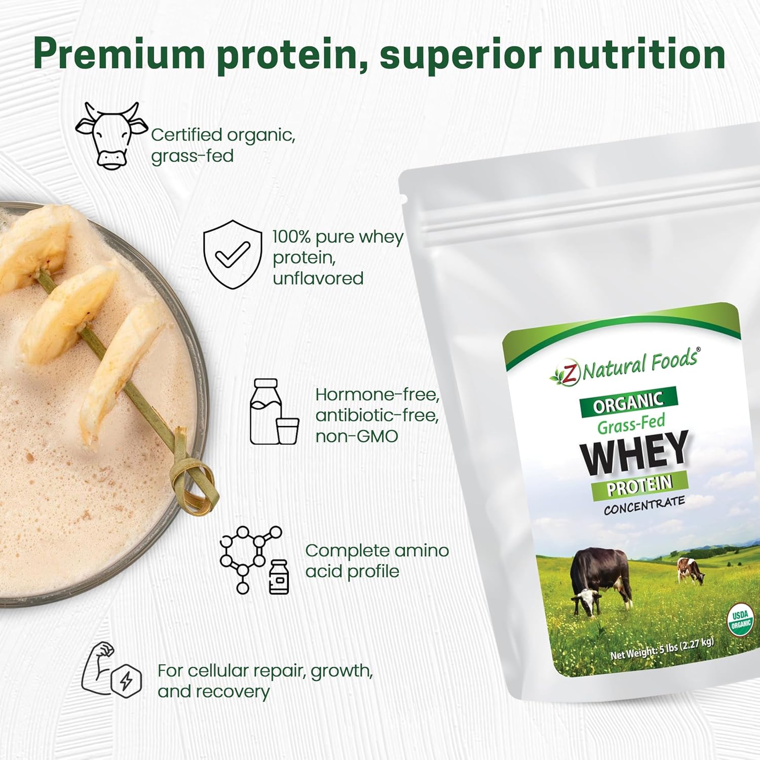 Z Natural Foods Organic Whey Protein Concentrate - Grass-Fed, 5 lb