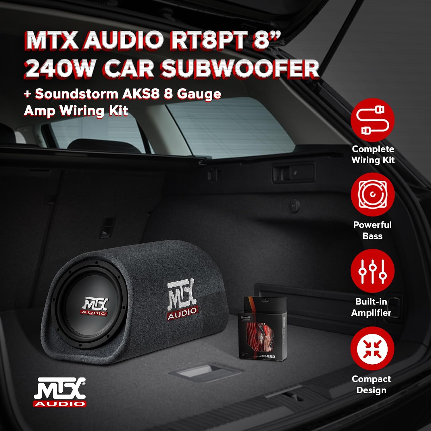 MTX Audio RT8PT 8" 240W Enclosure Amplified Vented Tube Box Car Loaded Subwoofer & Soundstorm AKS8 8 Gauge Car Amplifier Amp Complete Wiring Kit