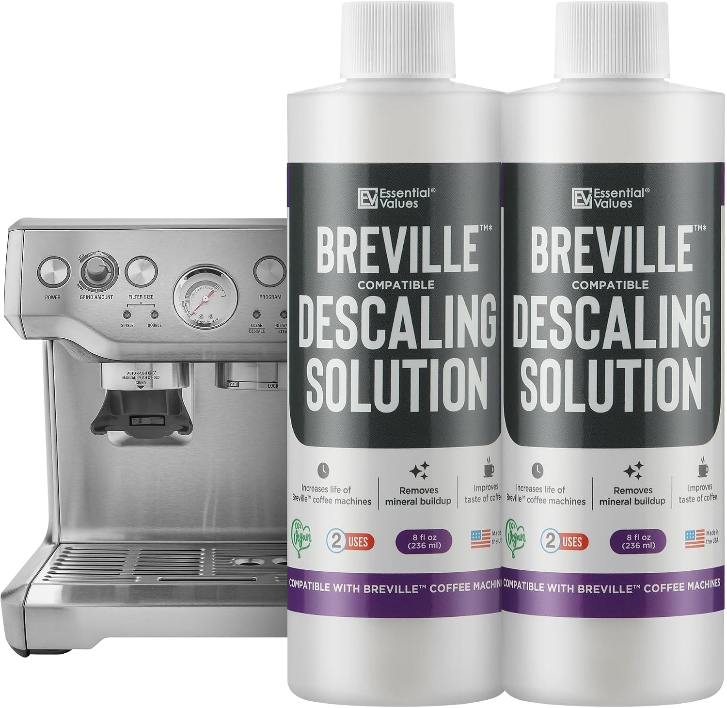 Essential Values Universal Descaling Solution, Made in the USA for Delonghi, Keurig, Breville,Nespresso (2 Uses) Coffee Machine Descaler Cleaner for all Automatic Coffee Makers & Espresso Machines