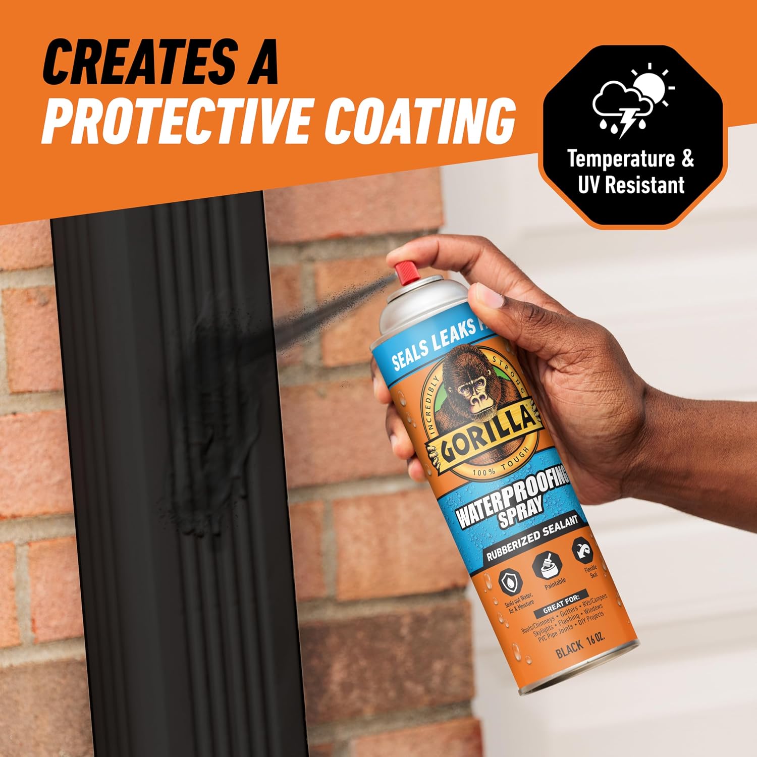 Gorilla Waterproofing Spray, Black, 16 oz, Flexible Rubberized Sealant